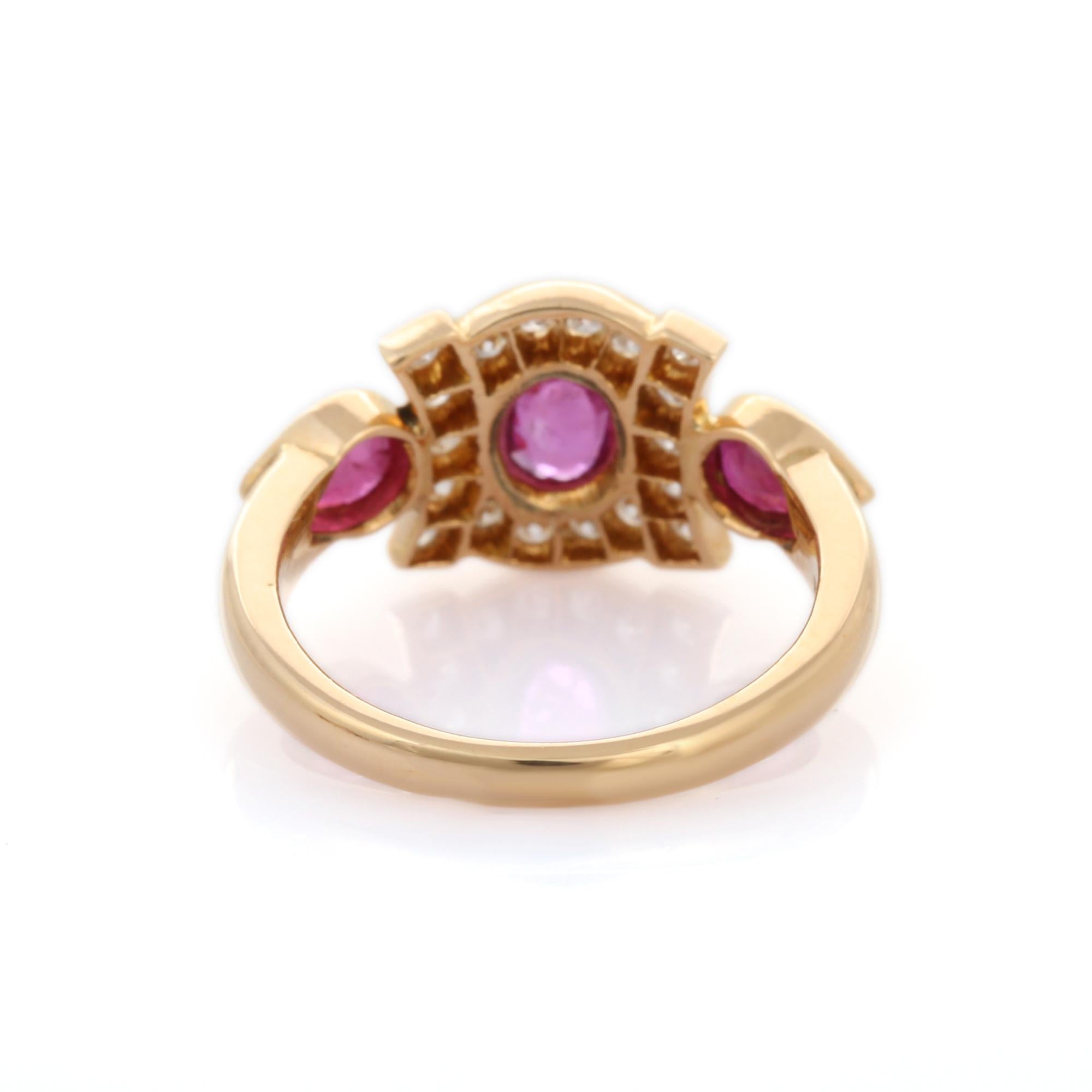 For Sale:  18K Yellow Gold Ruby Three Stone Ring with Diamonds Wedding Gemstone Ring 5