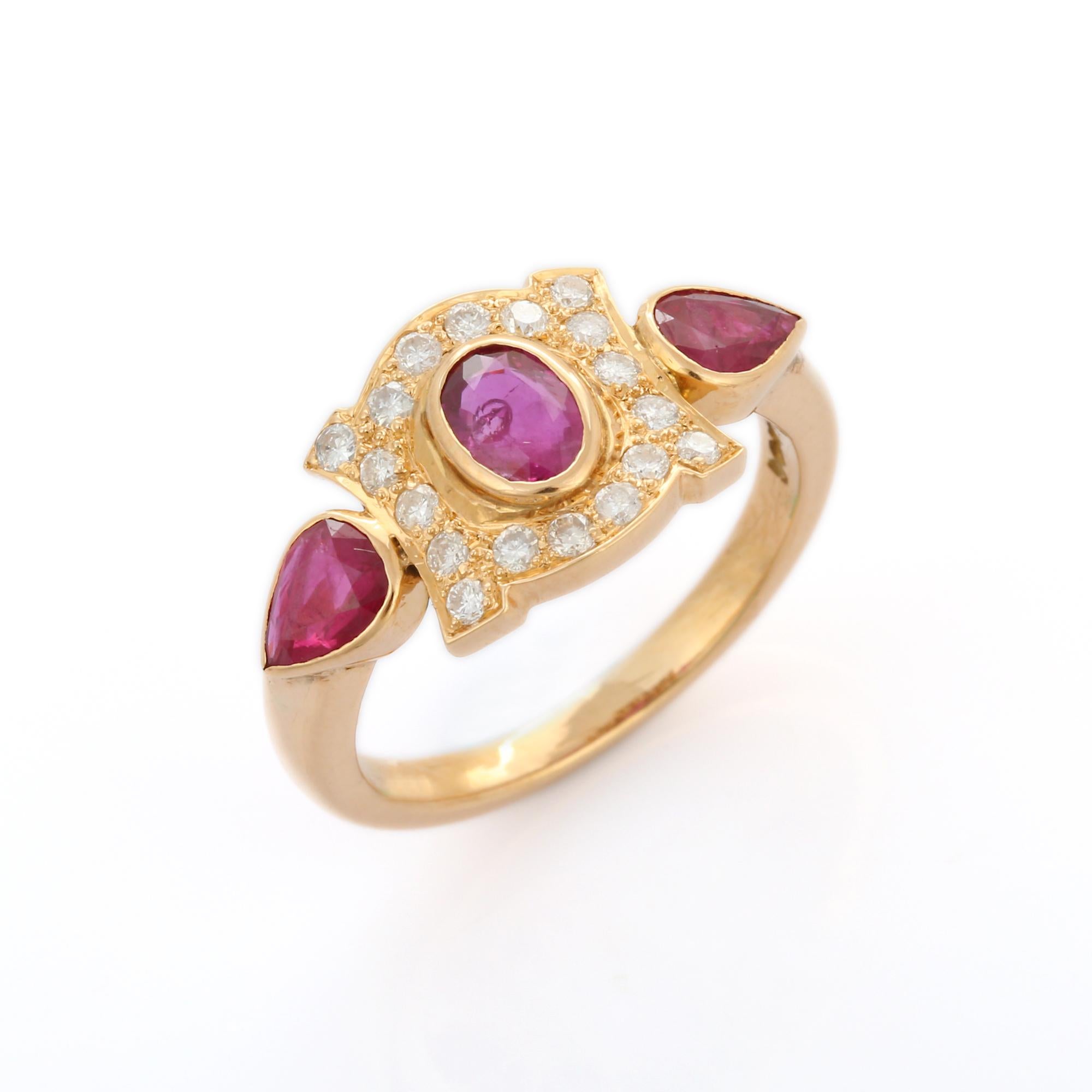 For Sale:  18K Yellow Gold Ruby Three Stone Ring with Diamonds Wedding Gemstone Ring 6