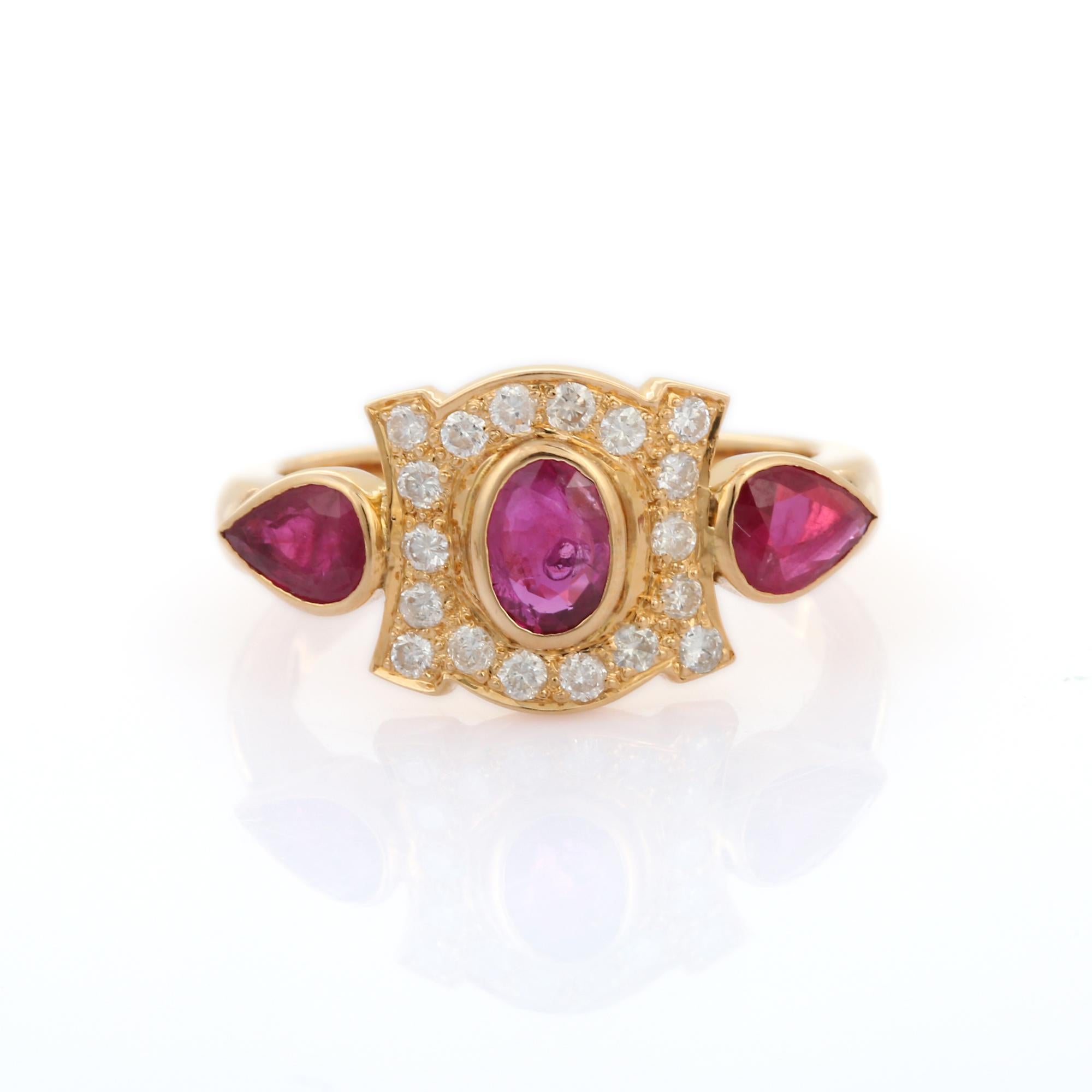 For Sale:  18K Yellow Gold Ruby Three Stone Ring with Diamonds Wedding Gemstone Ring 7