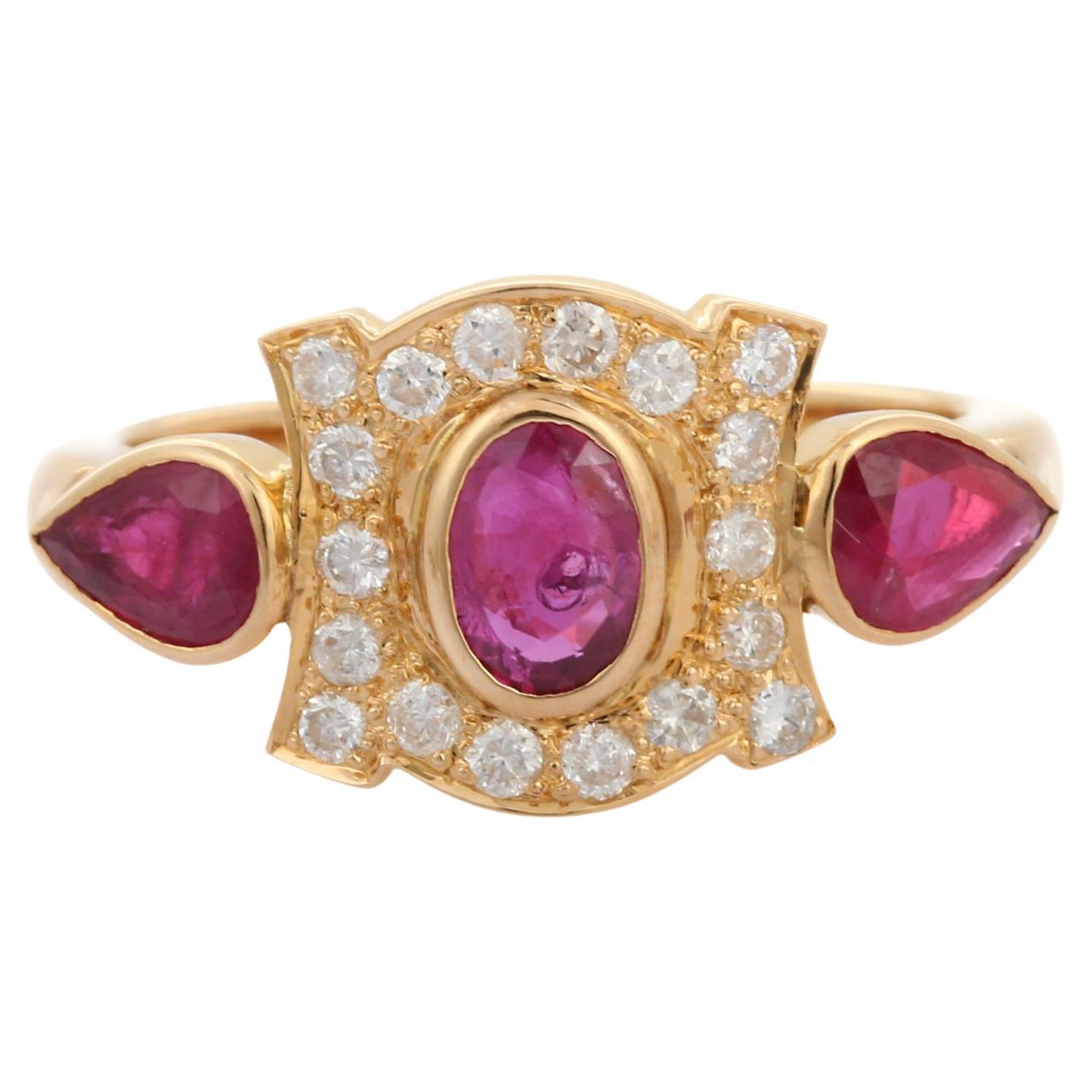 18 Karat Gelbgold Rubin Drei-Stein-Ring mit Diamanten Ehering