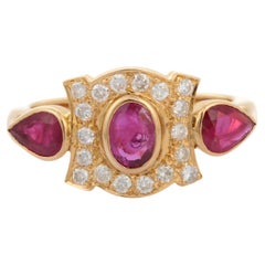 Used 18K Yellow Gold Ruby Three Stone Ring with Diamonds Wedding Gemstone Ring