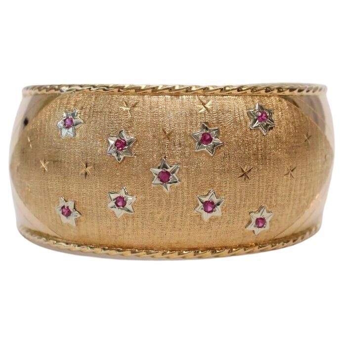 18k Yellow Gold Ruby Wide Cuff Bracelet, 7.5 inches - 33.4g