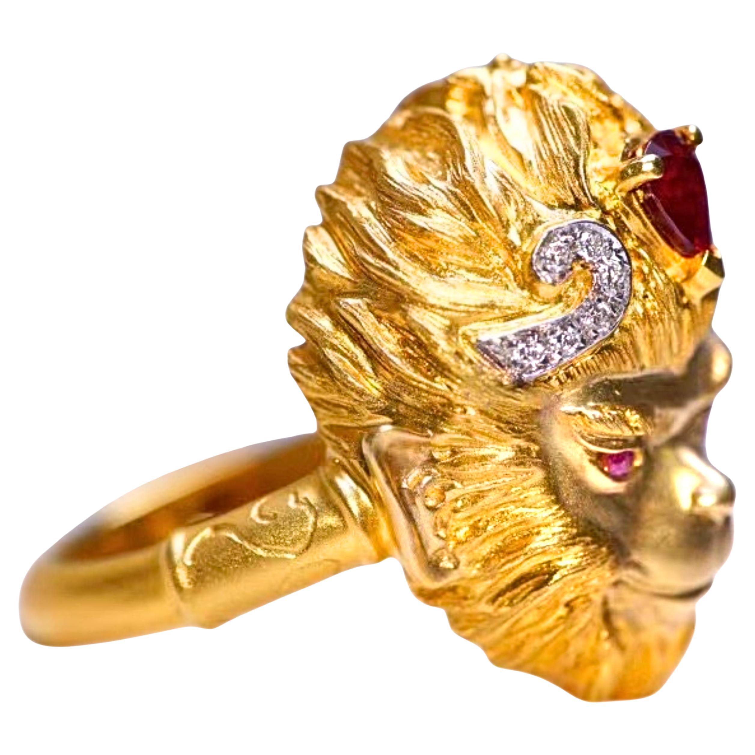 18K Yellow Gold Ruby WuKong Ring with Diamonds