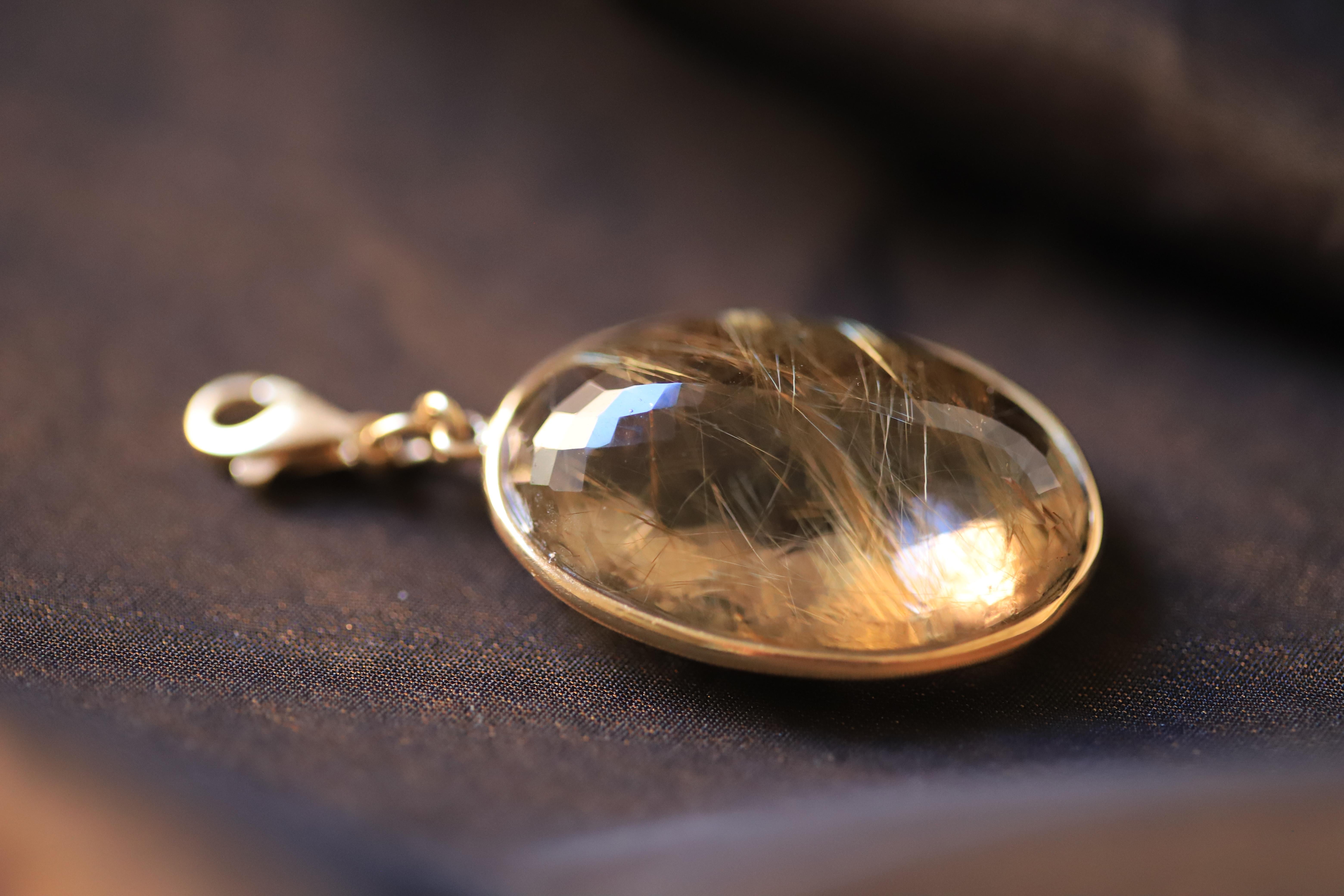18K Gelbgold Rutilierter Quarz Charm Unisex Anhänger Halskette 6