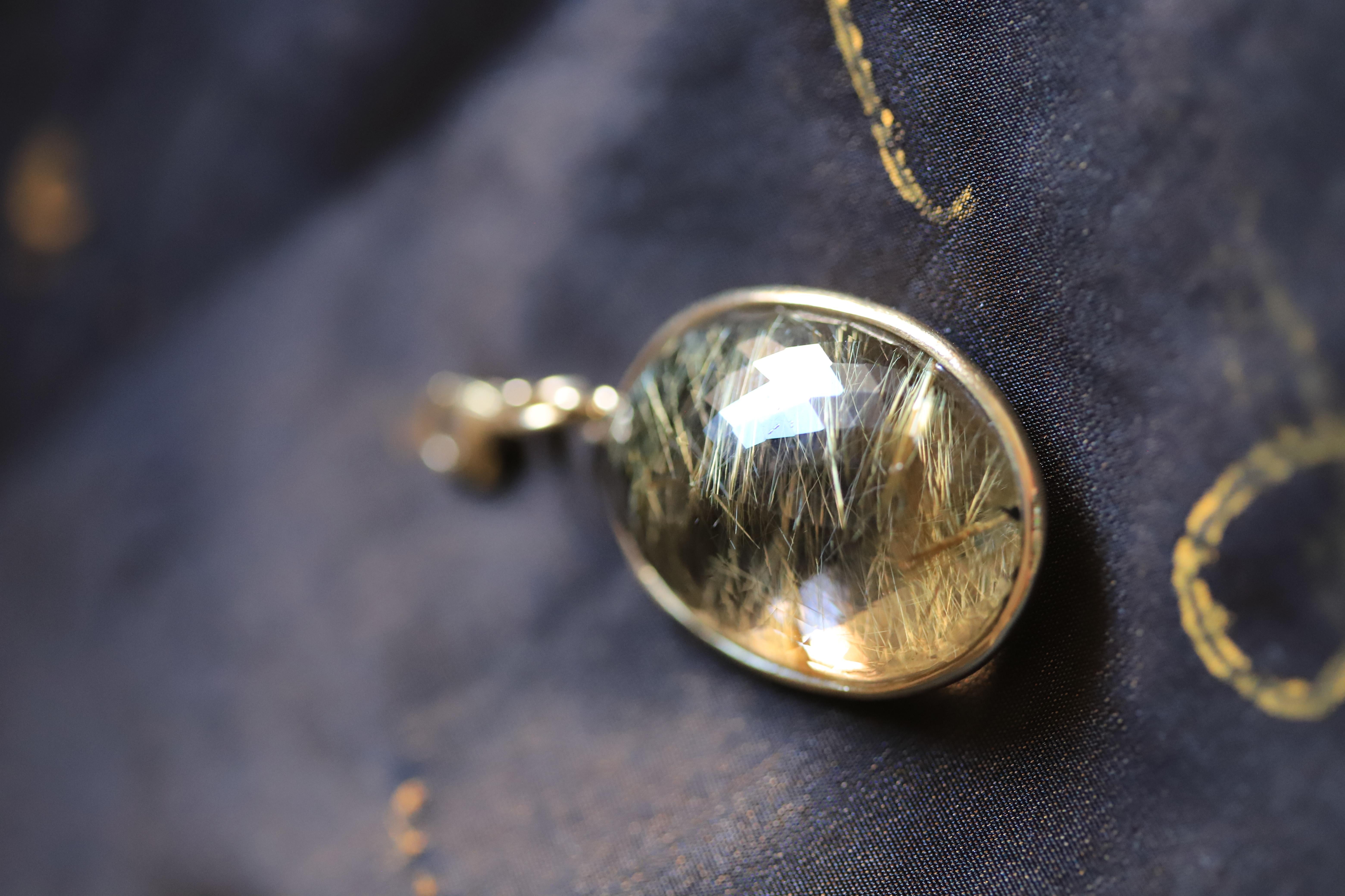 18K Gelbgold Rutilierter Quarz Charm Unisex Anhänger Halskette 8