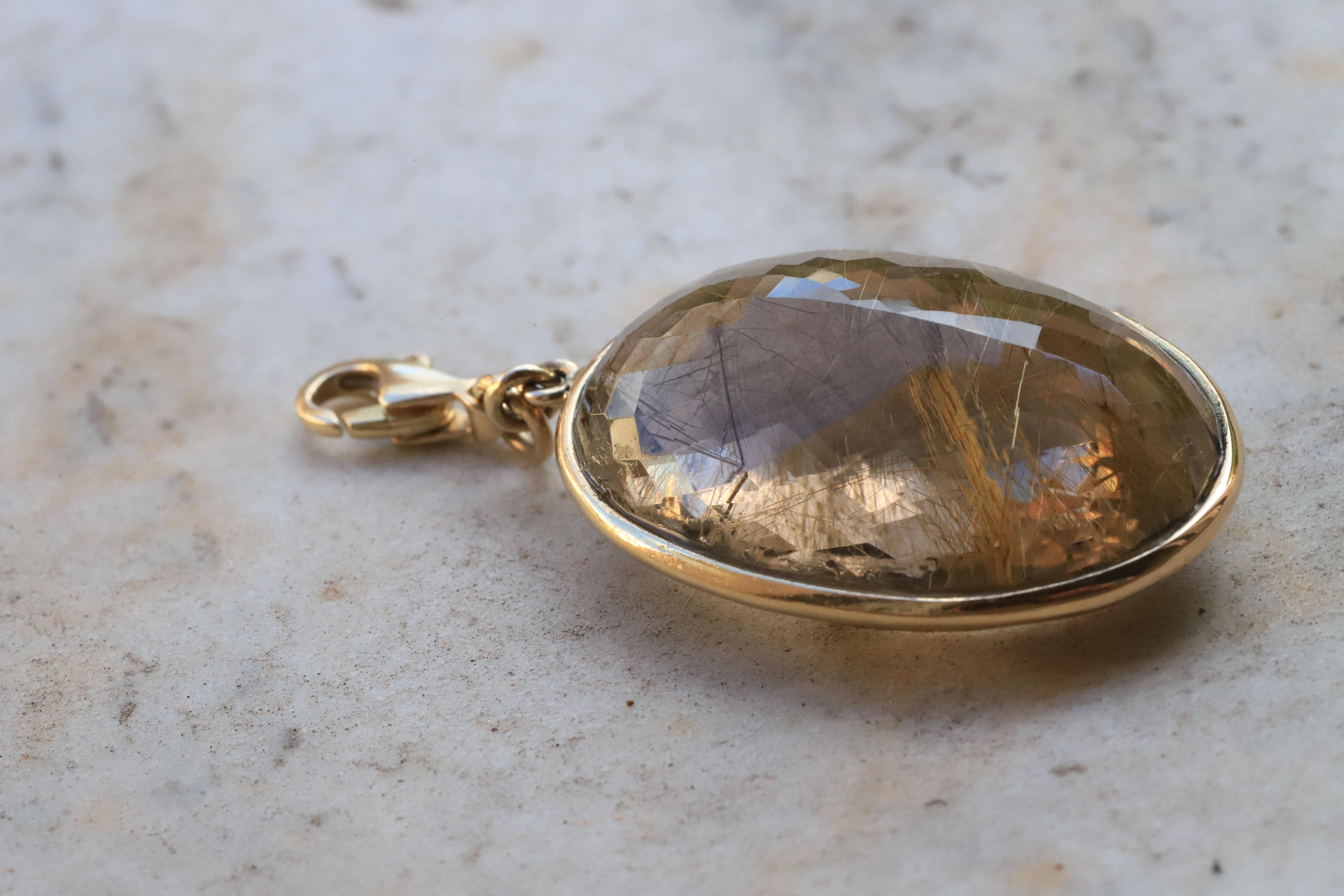 18K Gelbgold Rutilierter Quarz Charm Unisex Anhänger Halskette 4