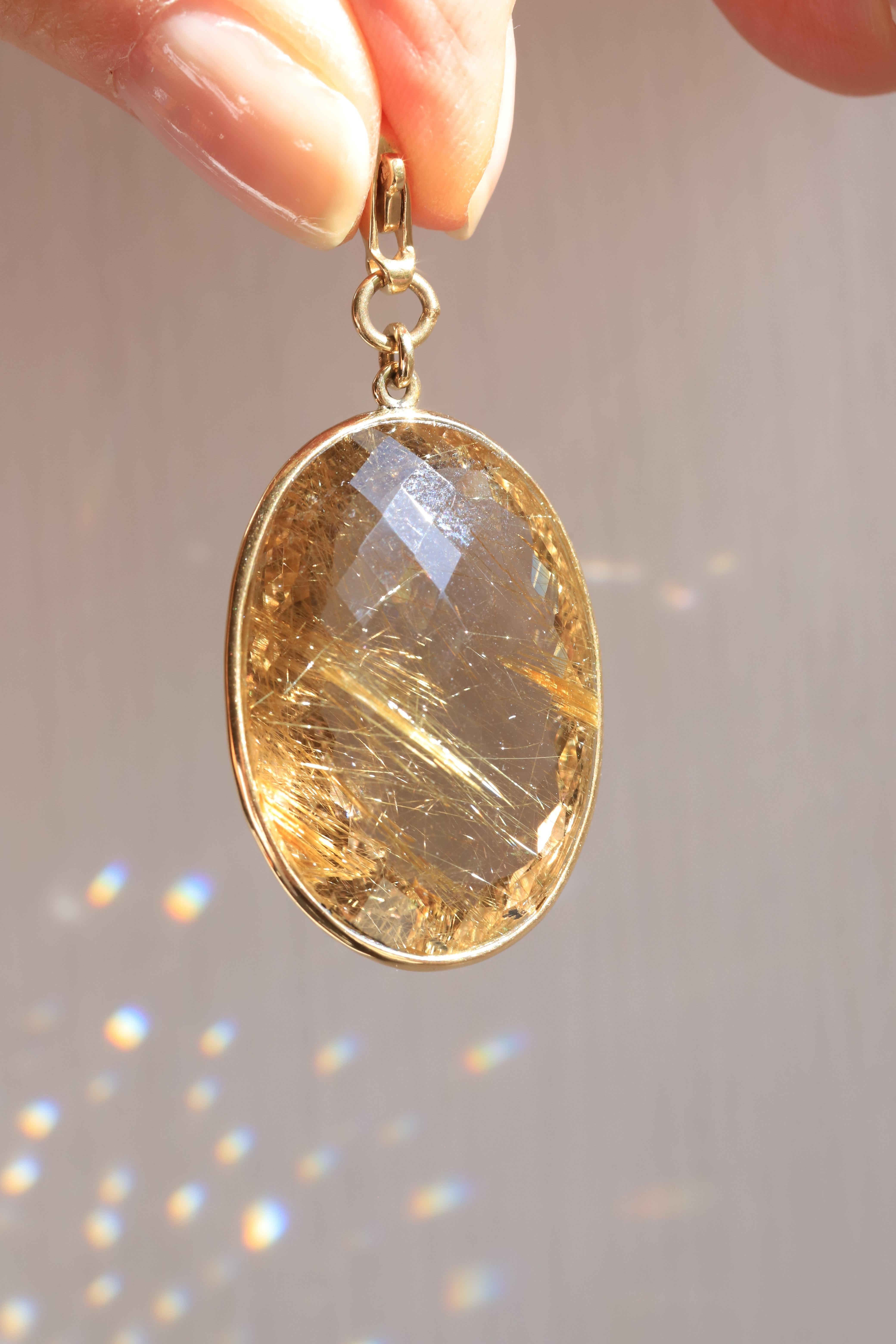 18K Gelbgold Rutilierter Quarz Charm Unisex Anhänger Halskette 2