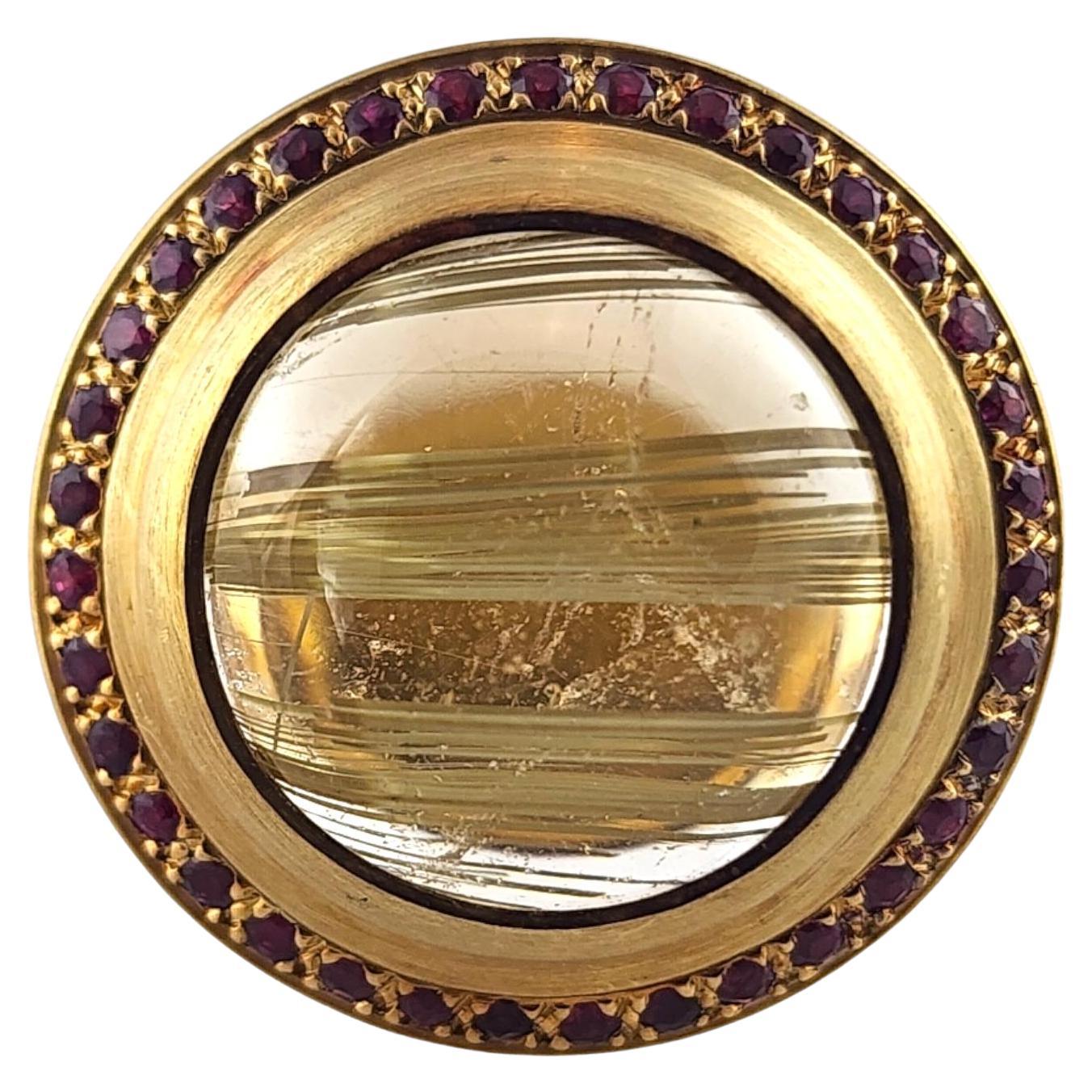 18K Yellow Gold Rutilated Quartz & Natural Ruby Halo Style Ring Size 7 #19024