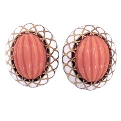 18k Yellow Gold, Salmon Color Coral and White Enamel Earrings - Great for Summer