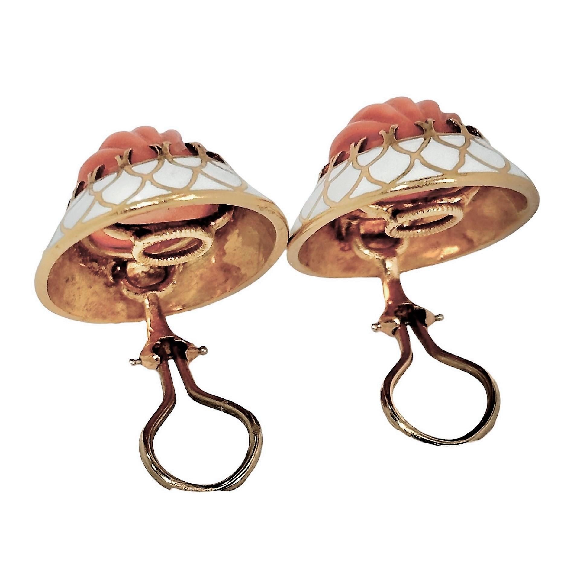 Cabochon 18k Yellow Gold, Salmon Color Coral and White Enamel Earrings - Great for Summer For Sale