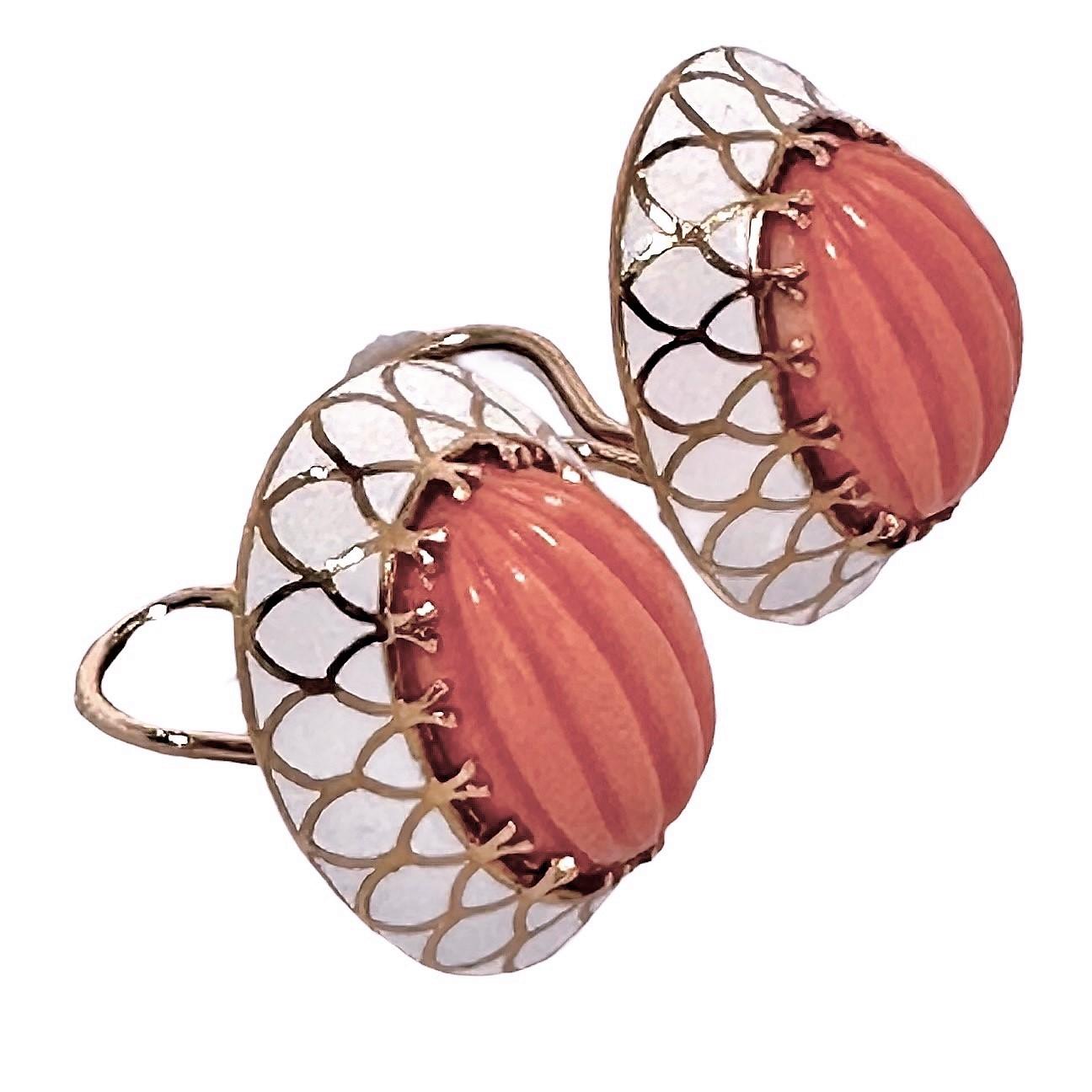 Cabochon 18k Yellow Gold, Salmon Color Coral and White Enamel Earrings - Great for Summer For Sale