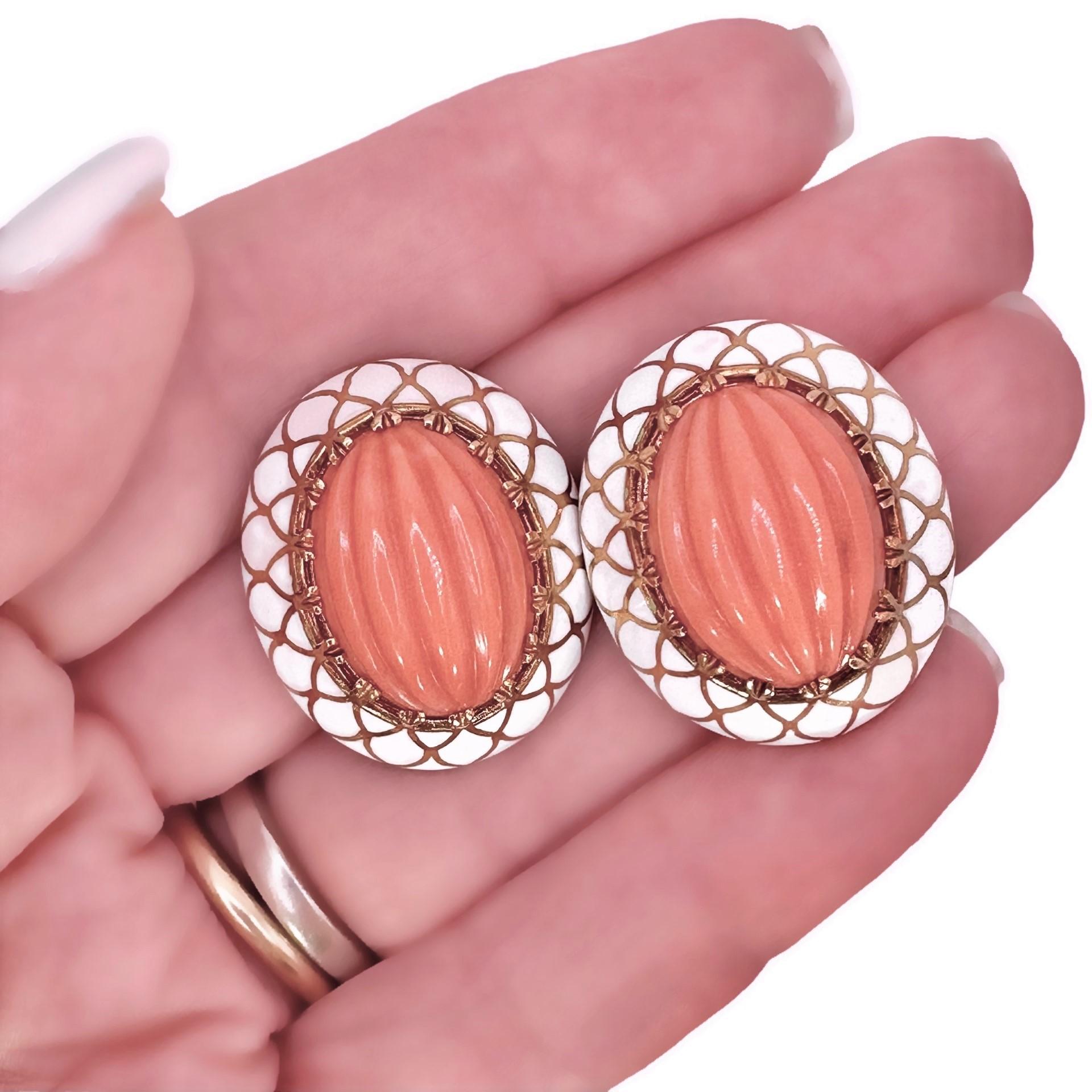 18k Yellow Gold, Salmon Color Coral and White Enamel Earrings - Great for Summer For Sale 2
