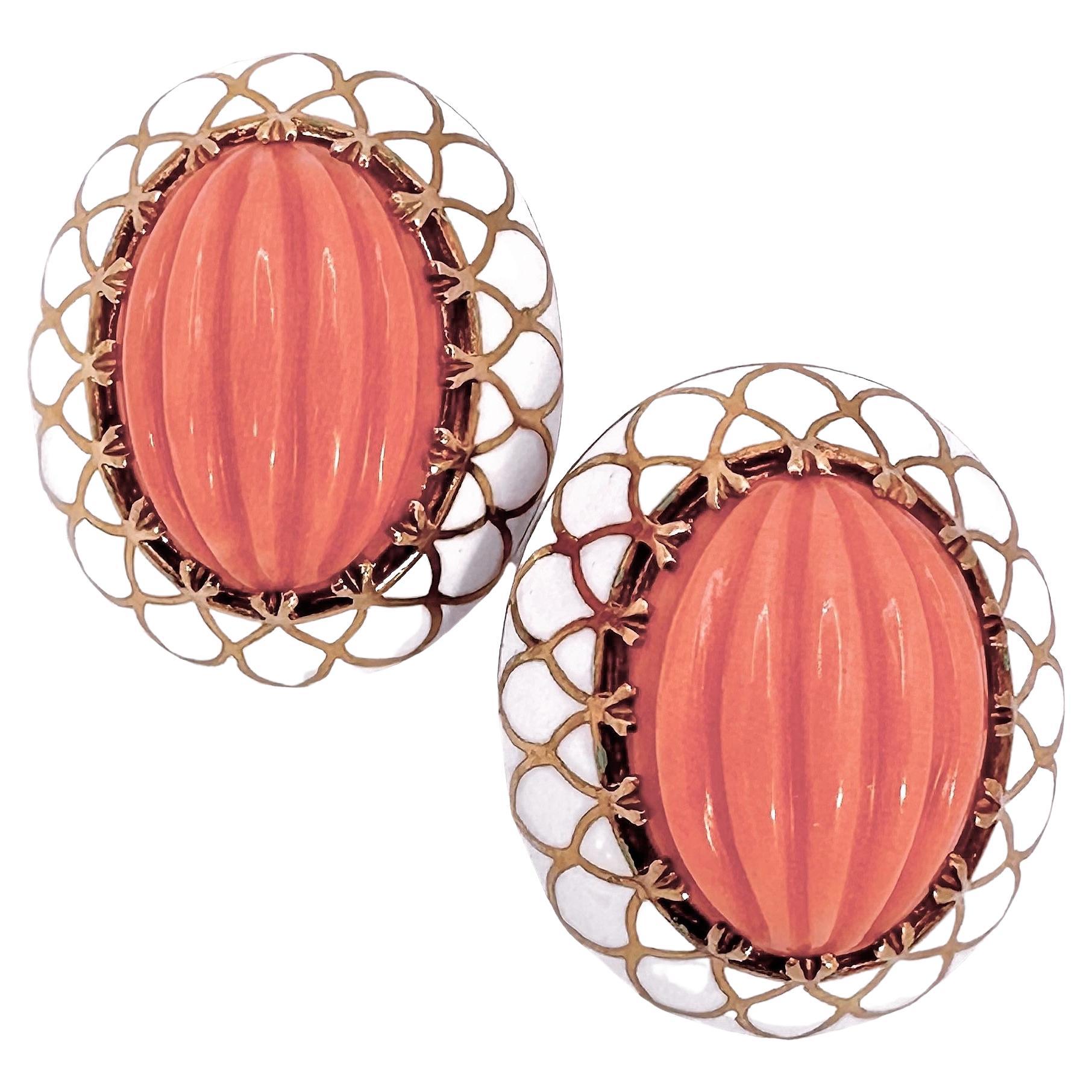 18k Yellow Gold, Salmon Color Coral and White Enamel Earrings - Great for Summer For Sale