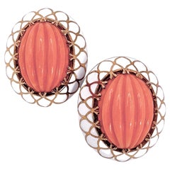 Retro 18k Yellow Gold, Salmon Color Coral and White Enamel Earrings - Great for Summer