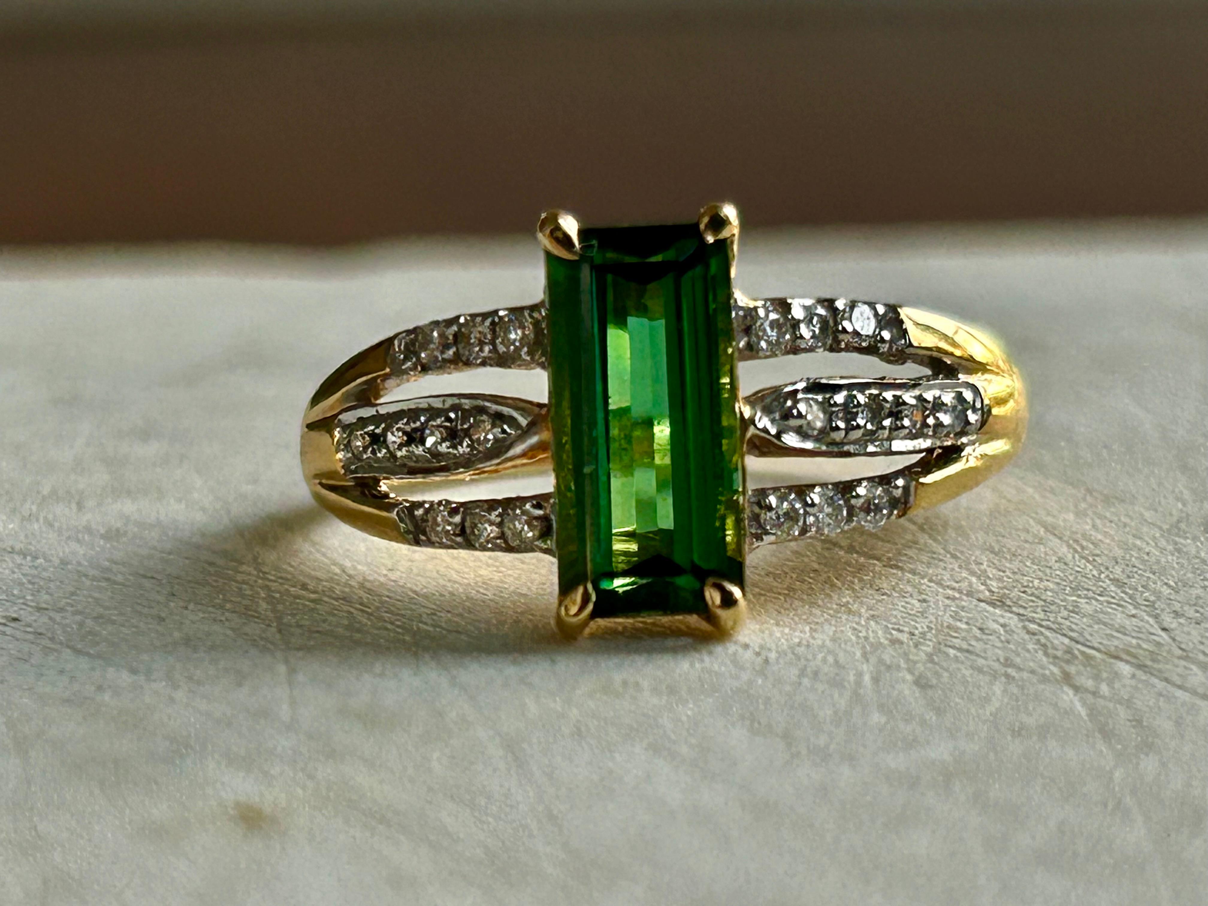 Emerald Cut 18k Yellow Gold Santa Rosa Tourmaline and Diamond Ring .82 carats For Sale
