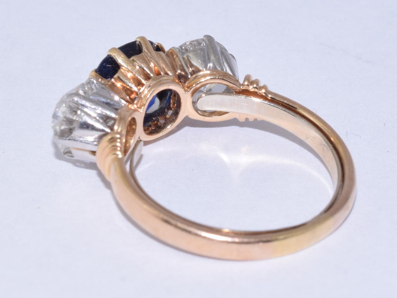 Victorian 18 Karat Gold Sapphire and Diamond 3-Stone Ring by Spaulding & Co., circa 1890