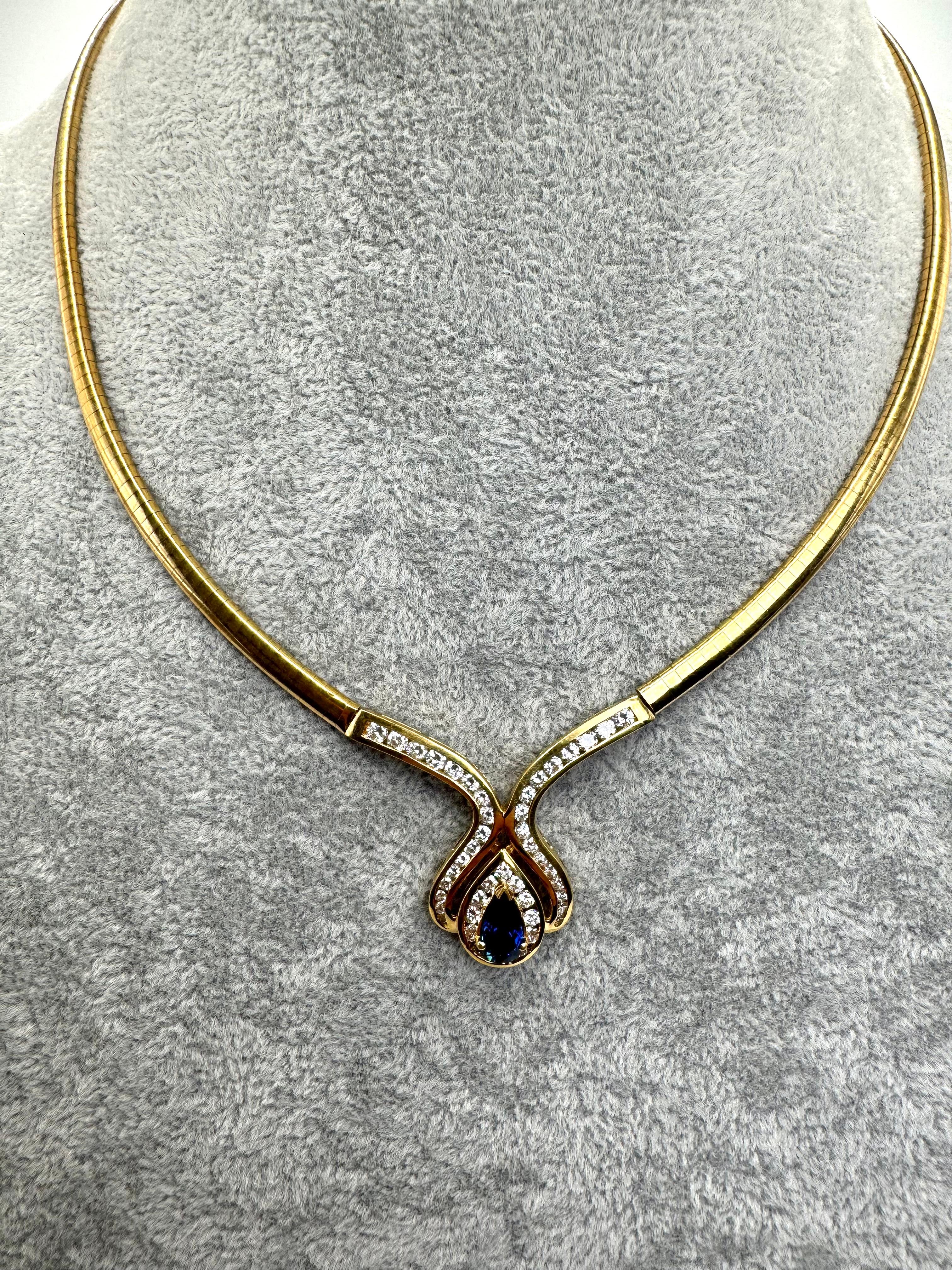 18K Yellow Gold Sapphire and Diamond Necklace. Sapphire pear shape 1.33 carats and brilliants 1.60 carats