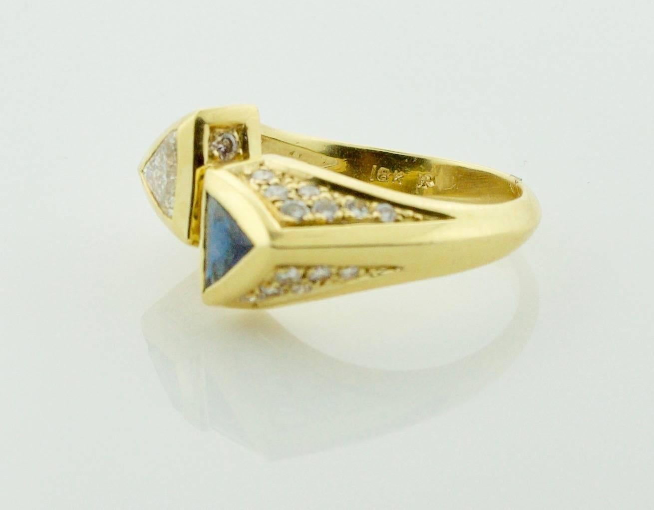 Trillion Cut 18 Karat Yellow Gold Sapphire and Diamond Ring of the Future For Sale
