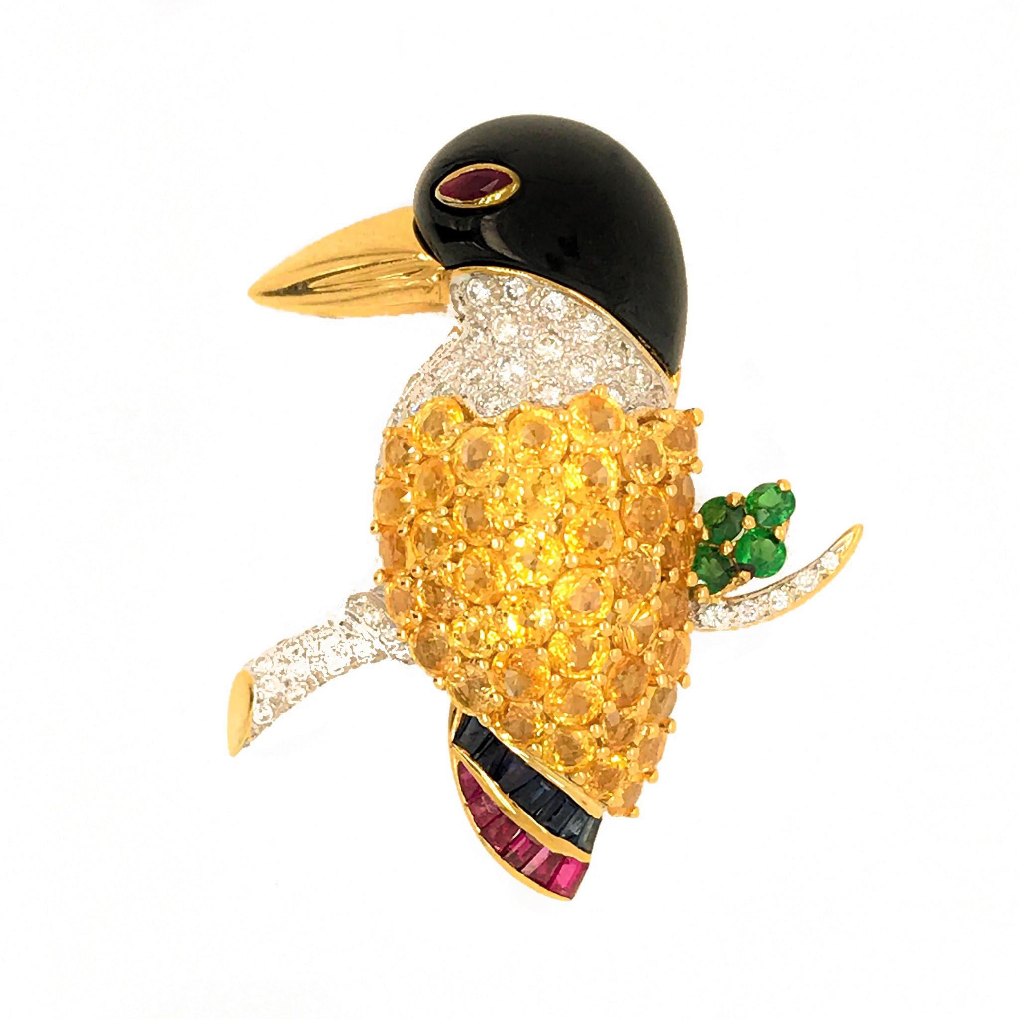 18 Karat Yellow Gold Sapphire and Diamond Tucan Bird Pin