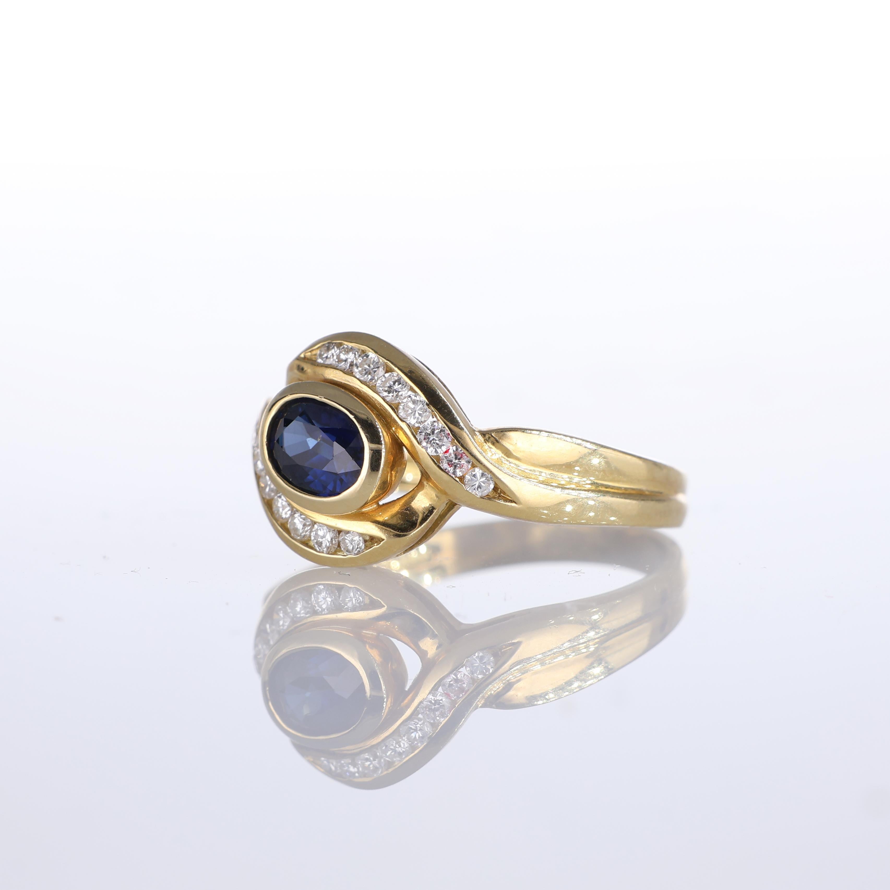 Women's or Men's 18k Yellow Gold Sapphire and Diamond Wave Design Ring For Sale