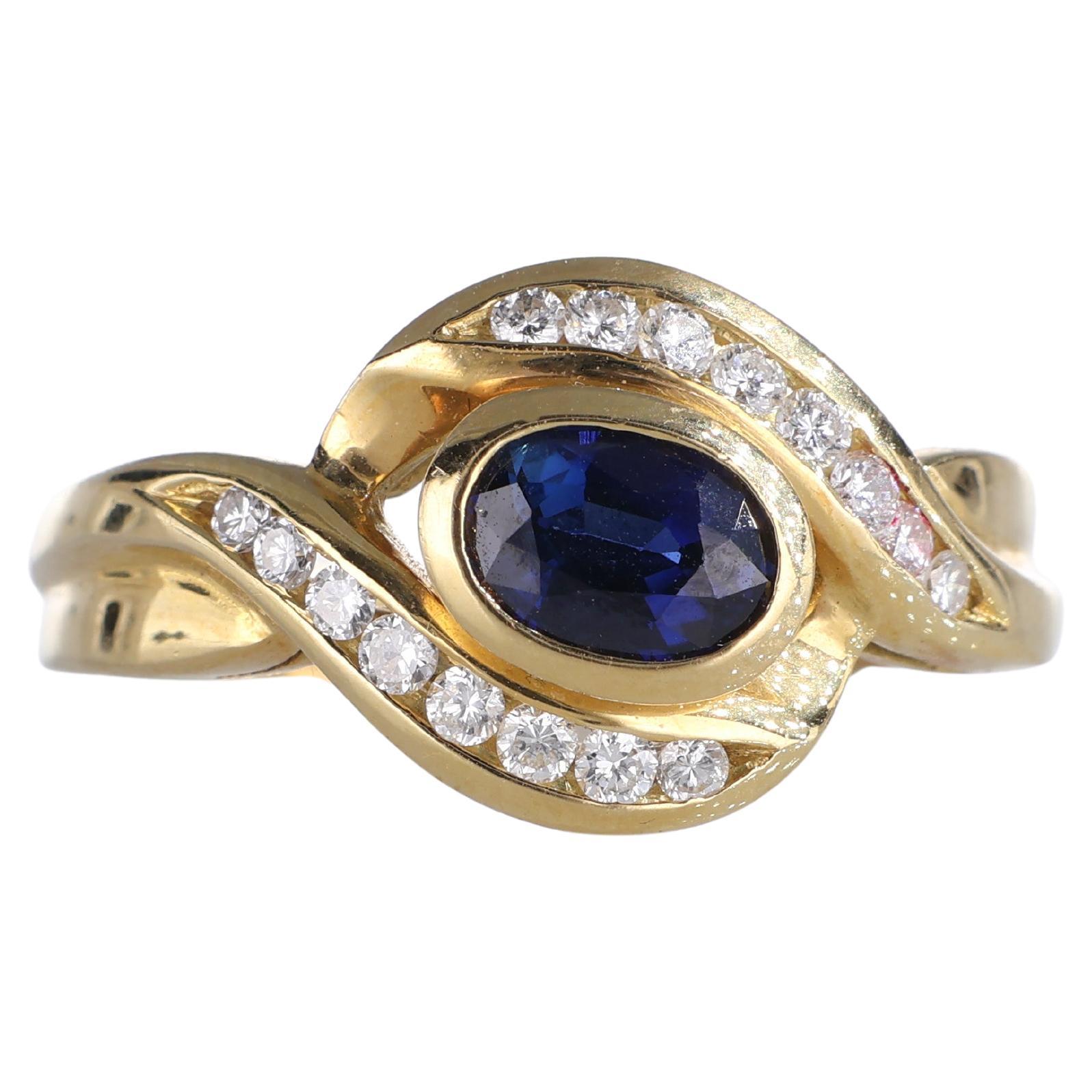 18k Yellow Gold Sapphire and Diamond Wave Design Ring For Sale