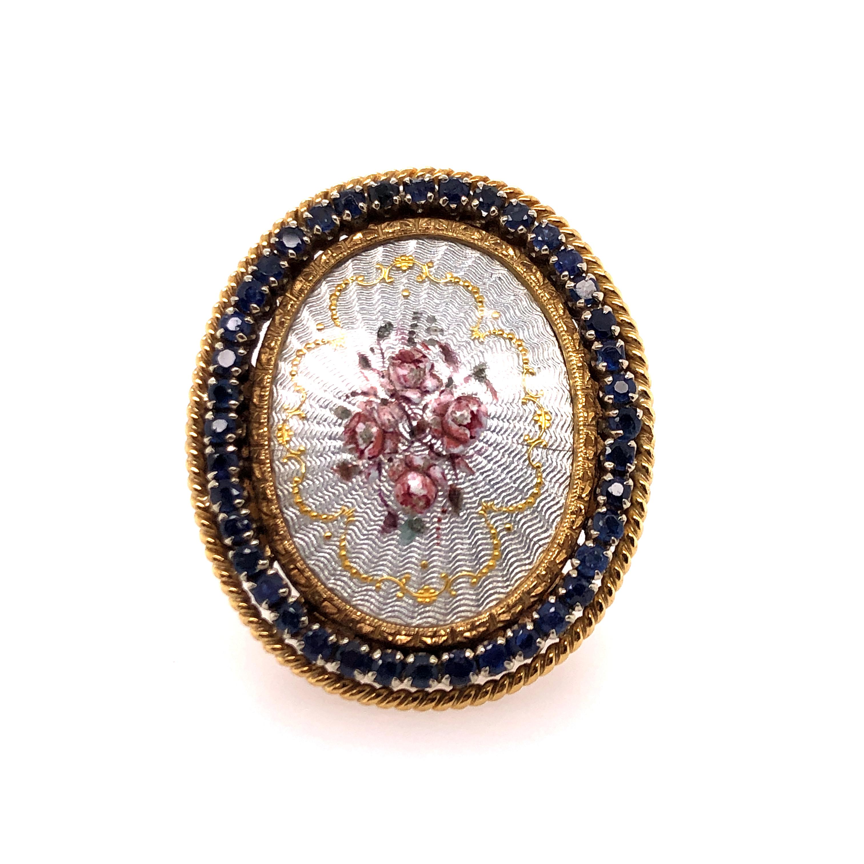 Reminiscent of an era when life moved at a more leisurely pace, and Mrs. Manners was just writing her book, this ring will surely lighten your spirits every time you wear it. 
Four delicate pink roses are organically painted in in the center of an