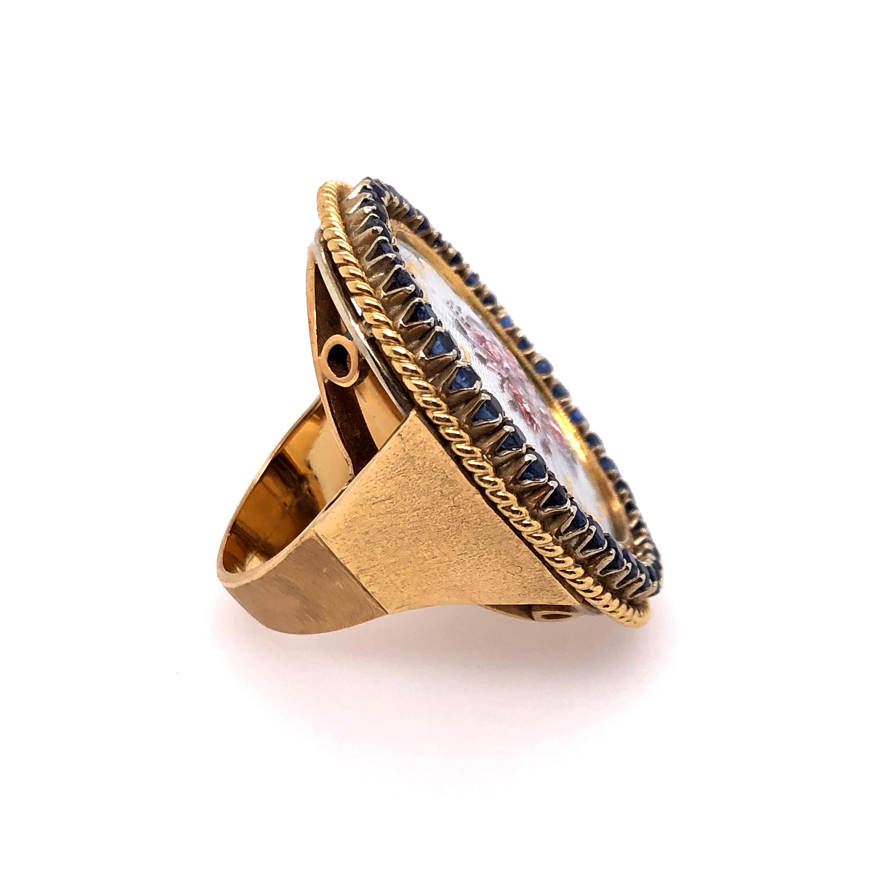 Round Cut 18 Karat Yellow Gold, Sapphire, and Enamel Rose Bouquet Ring