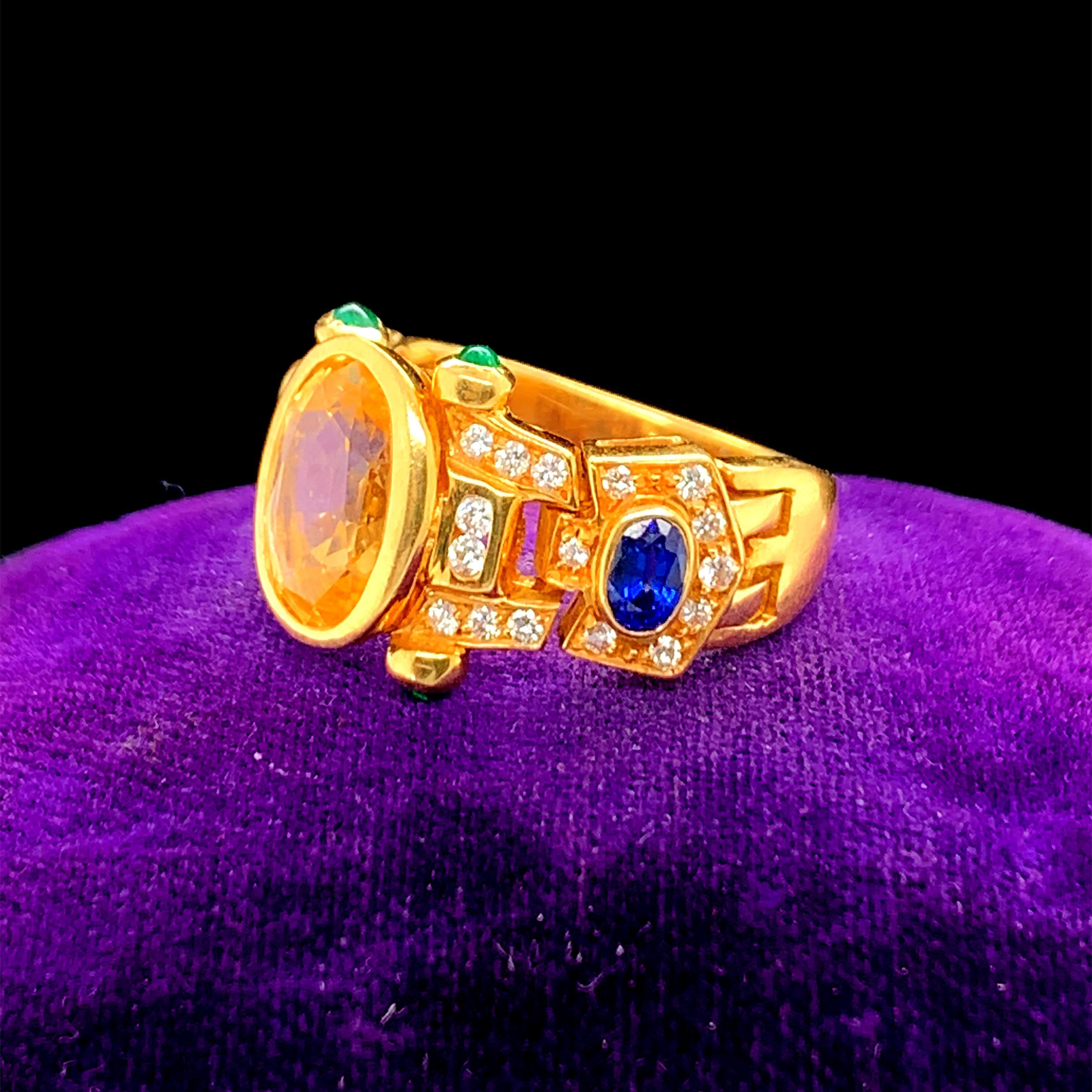 Year: 1990s

Item Details: 
Ring Size: 6.75
Metal Type: 18k Yellow Gold  [Hallmarked, and Tested]
Weight:  10.4 grams

Center Sapphire Details: 
Weight: 3.50ct, total weight
Cut: Antique Oval Cut
Color: Yellow
Type: Unheated, Untreated. Natural.