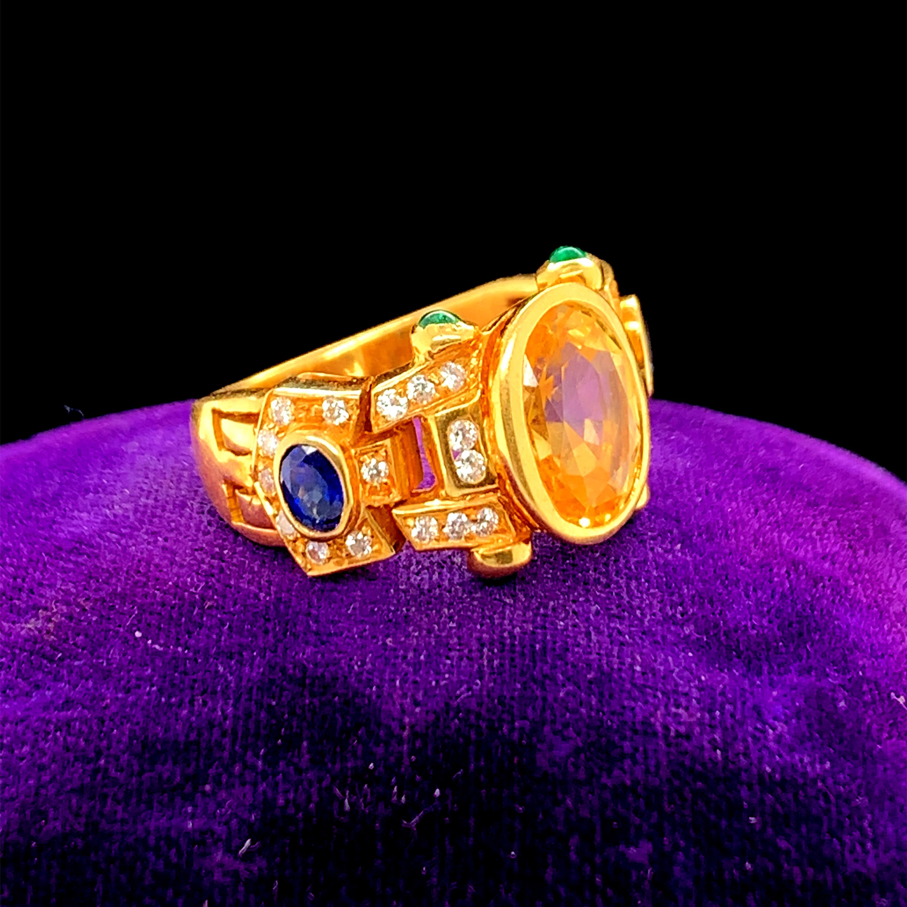 Contemporary 18K Yellow Gold Sapphire, Diamond and Emerald Cocktail Ring For Sale