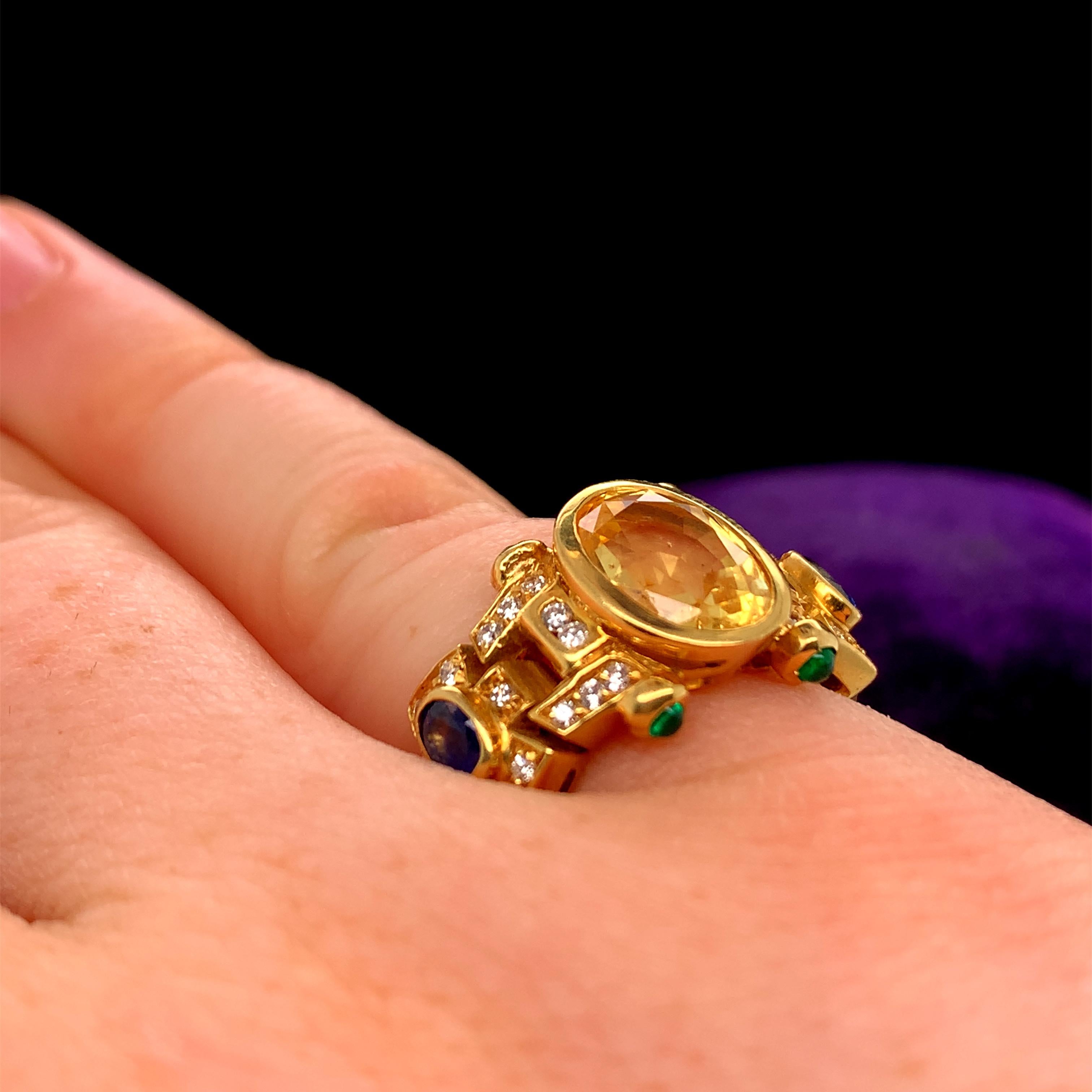 18K Yellow Gold Sapphire, Diamond and Emerald Cocktail Ring For Sale 1