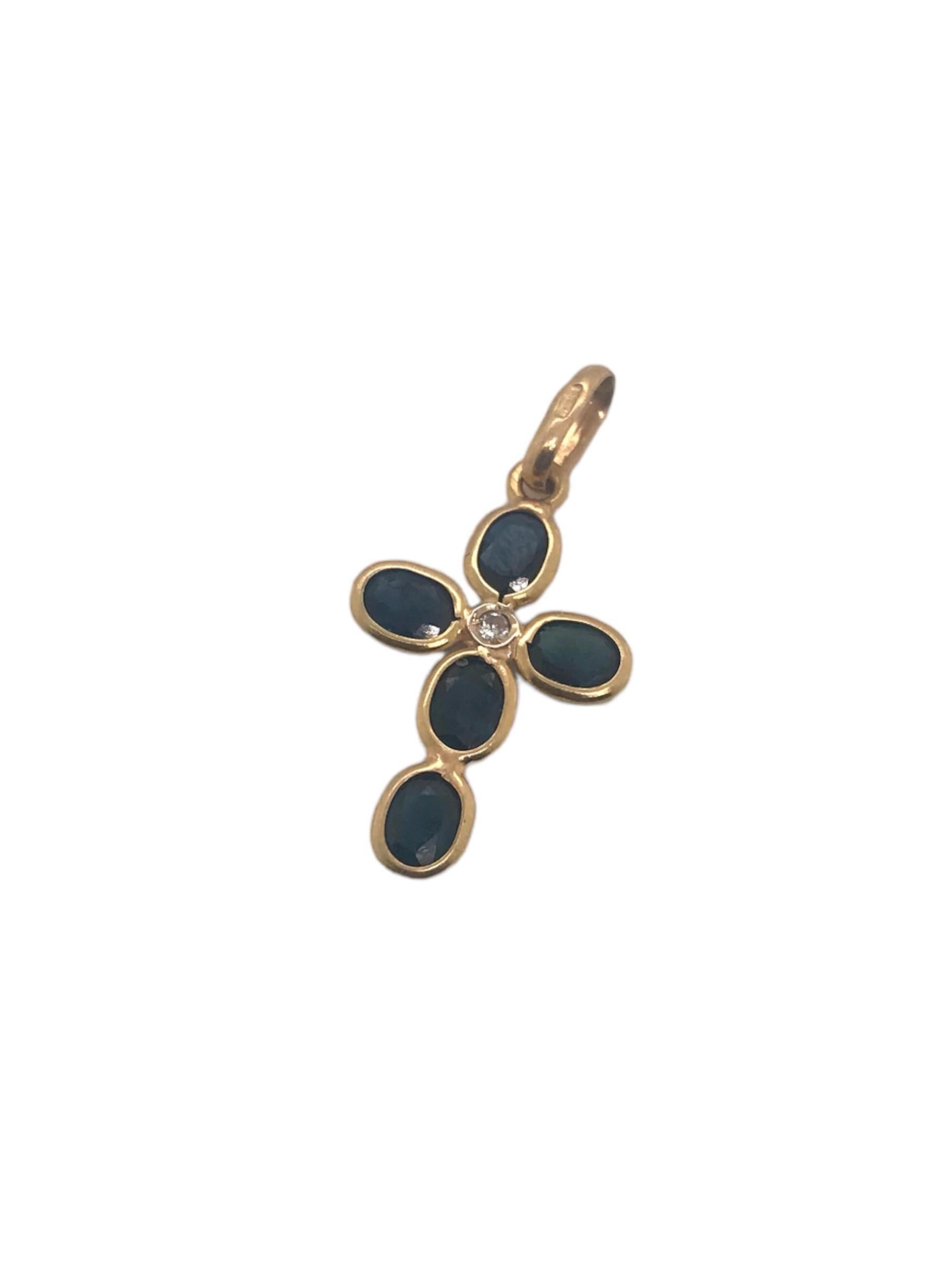 This Contemporary piece is cute & simple. Absolutely perfect for every day! 
Crafted in 18K Yellow Gold and accented with 5 natural sapphires, approximately 2.5 carats combined weight, and 1 natural diamond, approximately 0.01