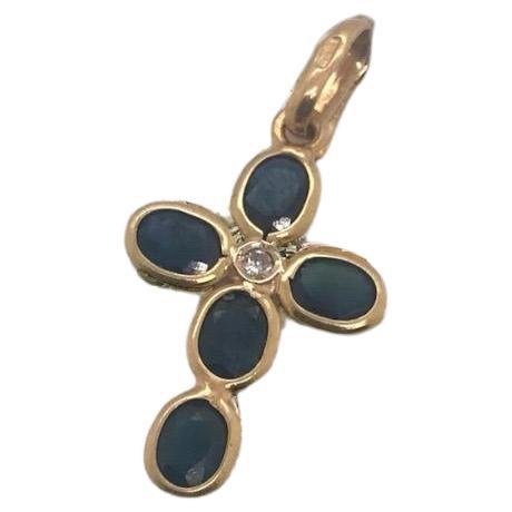 18K Yellow Gold Sapphire & Diamond Cross Pendant For Sale