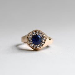 18K Yellow Gold Sapphire Diamond Halo Signet Ring