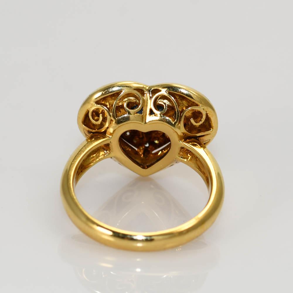 Heart Cut 18k Yellow Gold Sapphire & Diamond Heart Ring, 9.8g For Sale