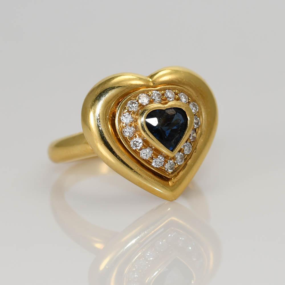 18k Yellow Gold Sapphire & Diamond Heart Ring, 9.8g For Sale 1