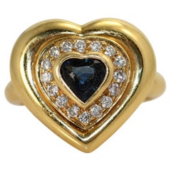 Vintage 18k Yellow Gold Sapphire & Diamond Heart Ring, 9.8g