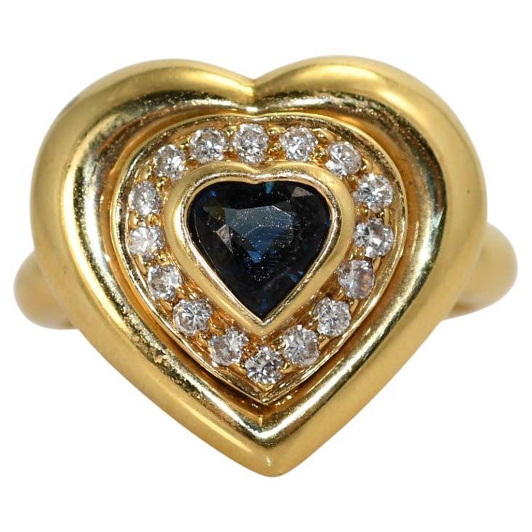 18k Yellow Gold Sapphire and Diamond Heart Ring, 9.8g For Sale at 1stDibs | heart  ring direction meaning