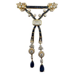 18K Yellow Gold Sapphire 
Diamond Ribbon Brooch