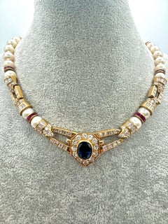 18K Yellow Gold Sapphire, Diamond, Ruby & Pearl Necklace