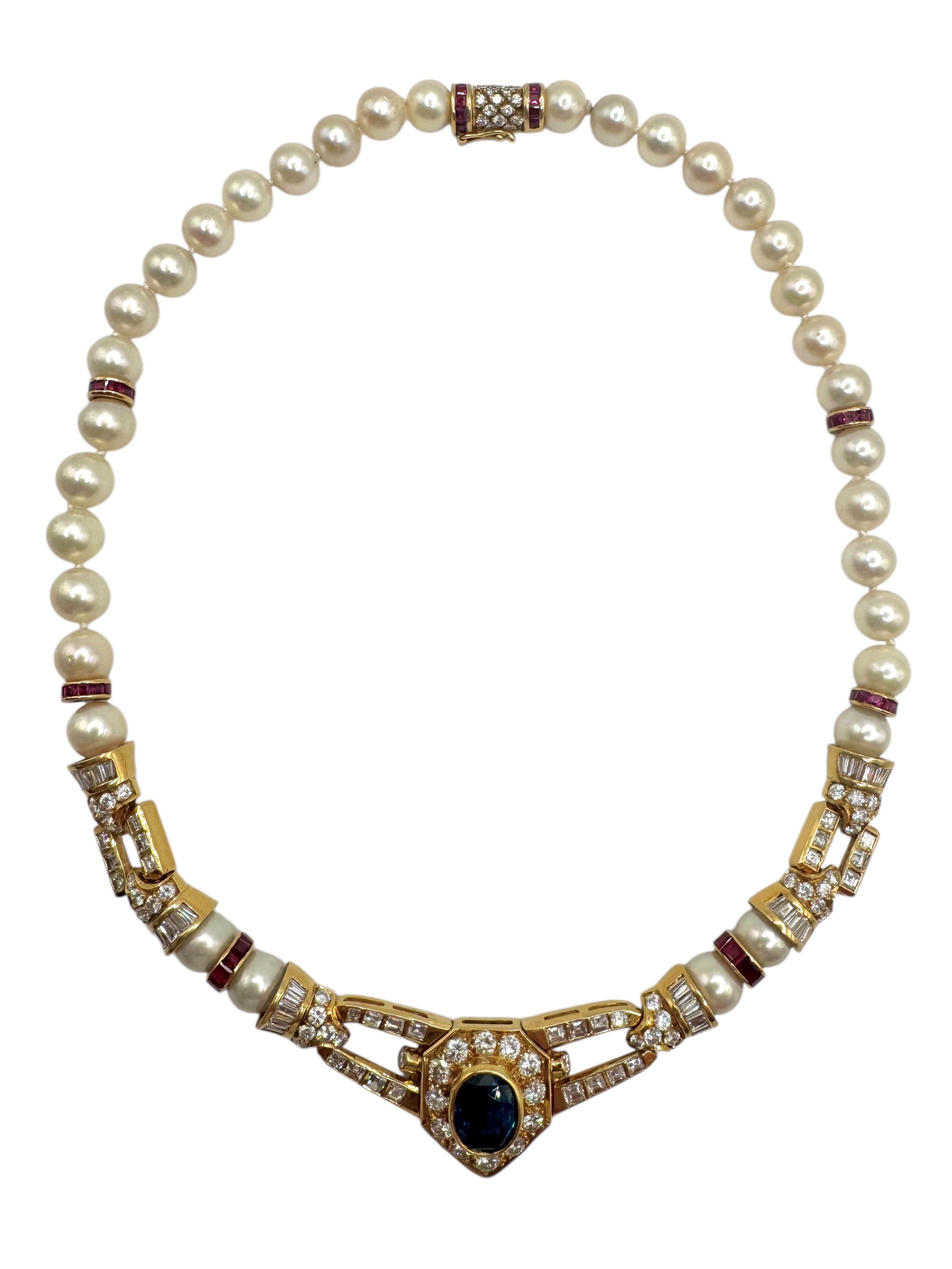 Collier en or jaune 18 carats, saphir, diamant, rubis et perle en vente 2