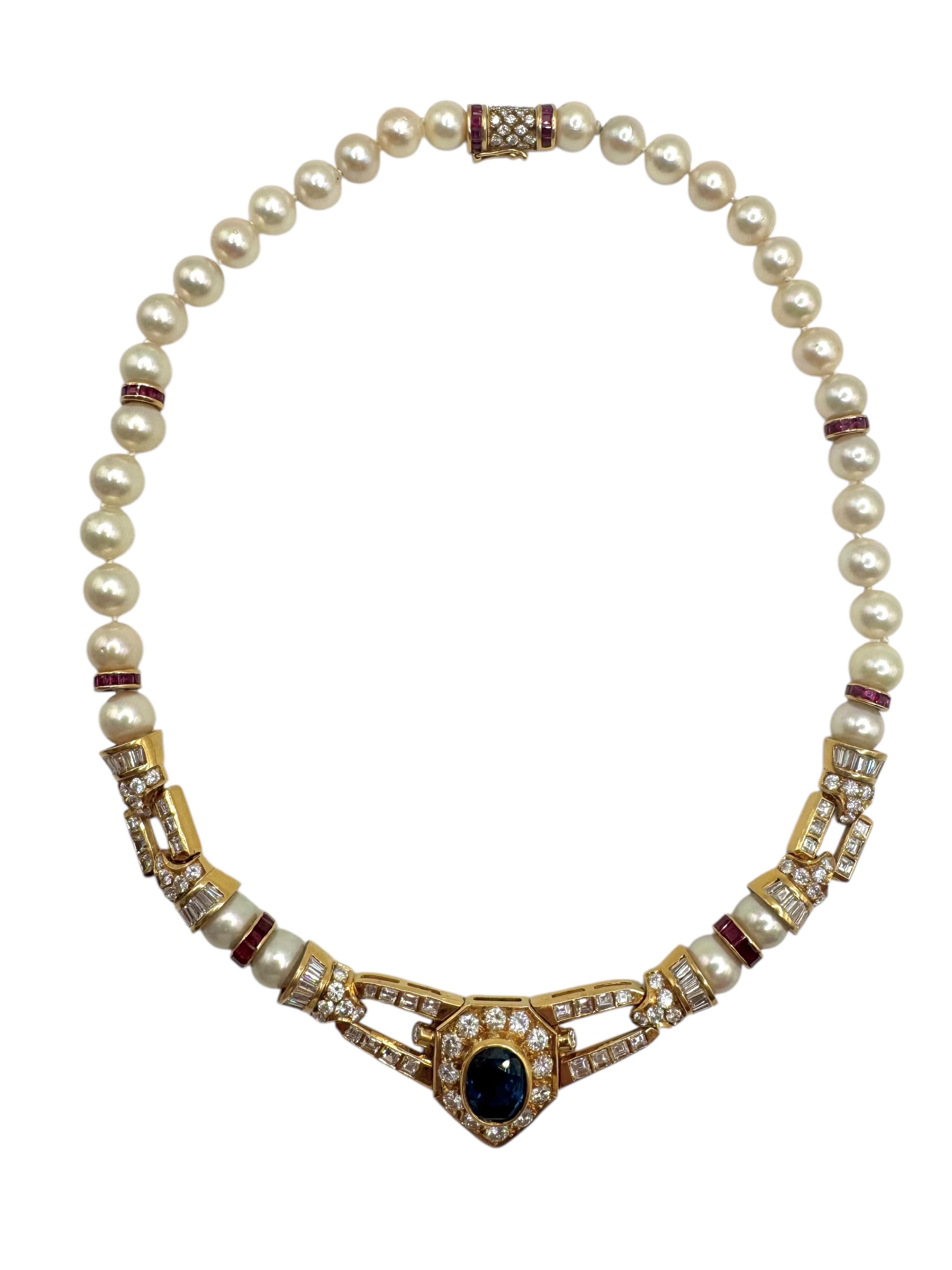 Collier en or jaune 18 carats, saphir, diamant, rubis et perle en vente 3