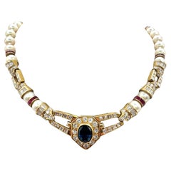 Collar de Zafiro, Diamante, Rubí y Perlas de Oro Amarillo de 18 K