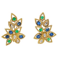 18k Yellow Gold Sapphire, Emerald and Diamond Foilage Motif Earrings
