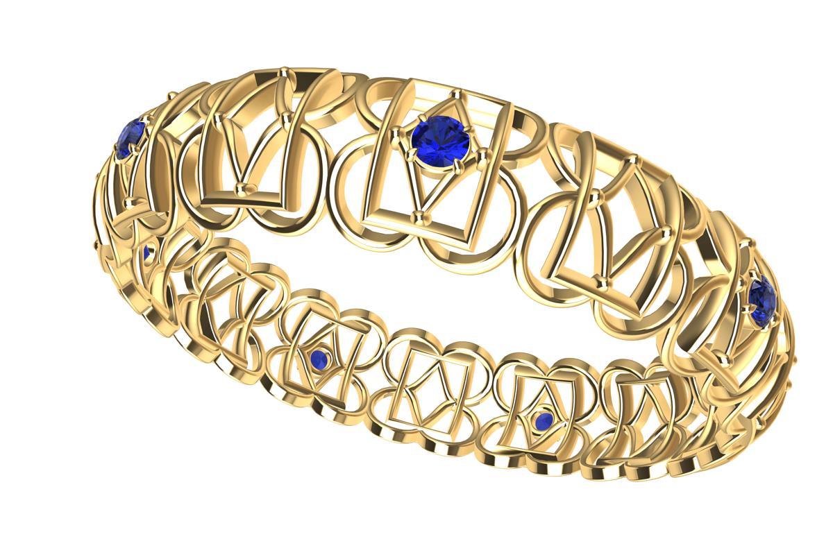 Taille ronde Bracelet jonc rectangulaire en or jaune 18 carats et saphirs en forme de losange en vente