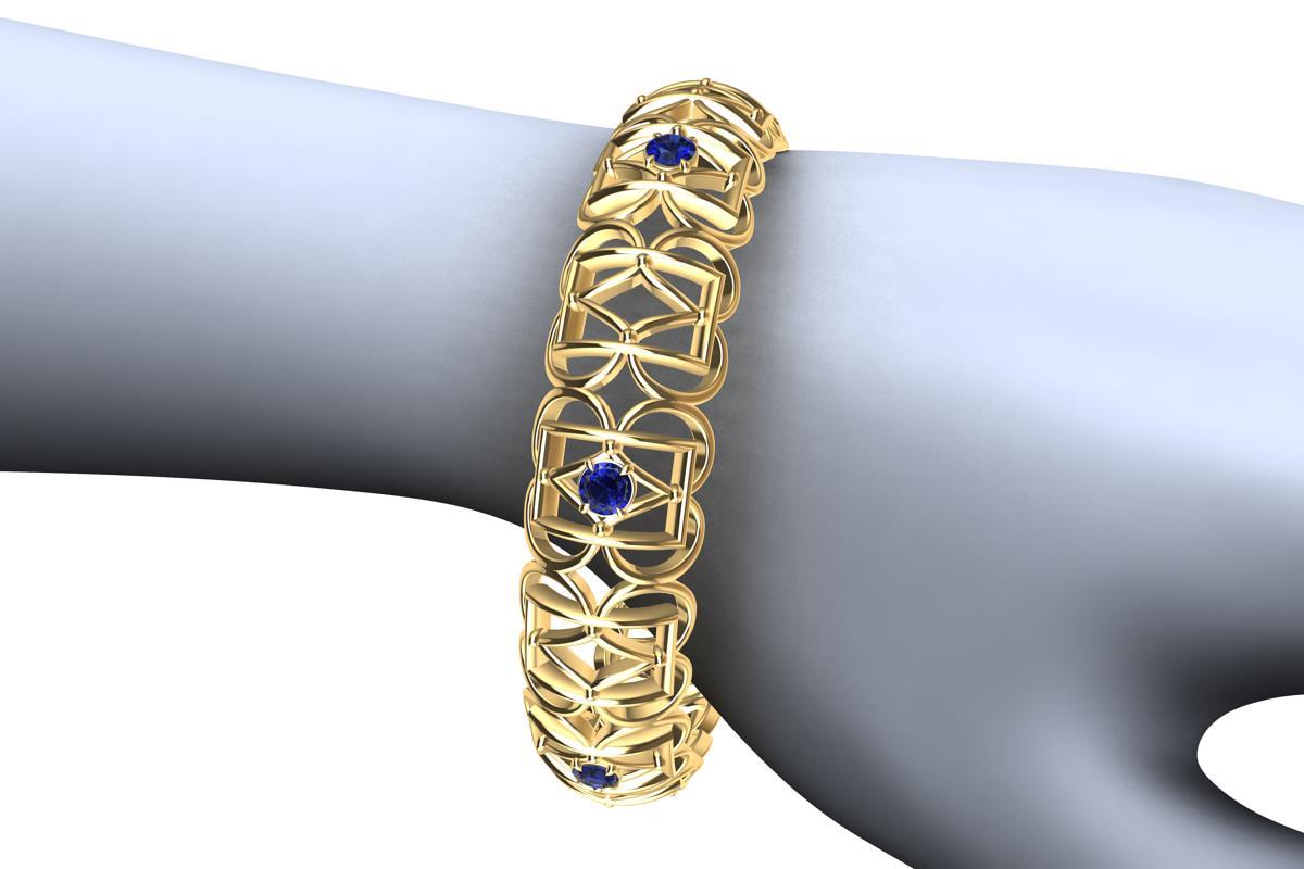 Bracelet jonc rectangulaire en or jaune 18 carats et saphirs en forme de losange Pour femmes en vente