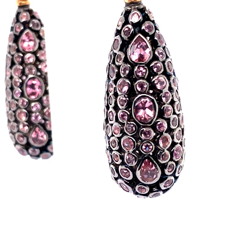 Art Deco 18K Yellow Gold Sapphire Ruby and Tourmaline Sleeper Earrings For Sale