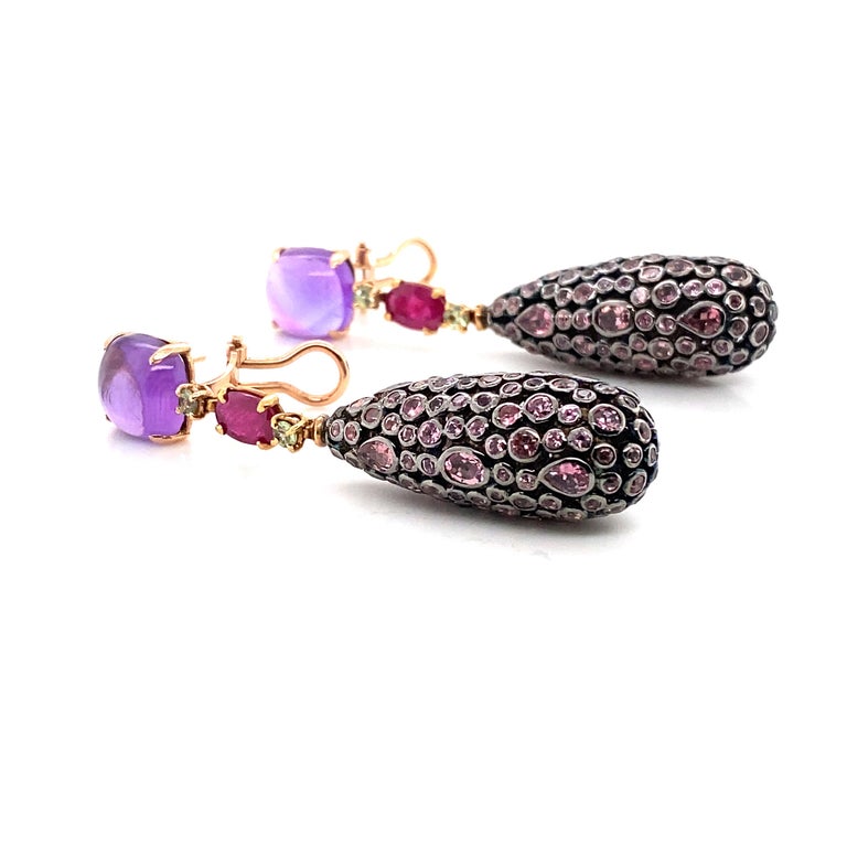 Briolette Cut 18K Yellow Gold Sapphire Ruby and Tourmaline Sleeper Earrings For Sale