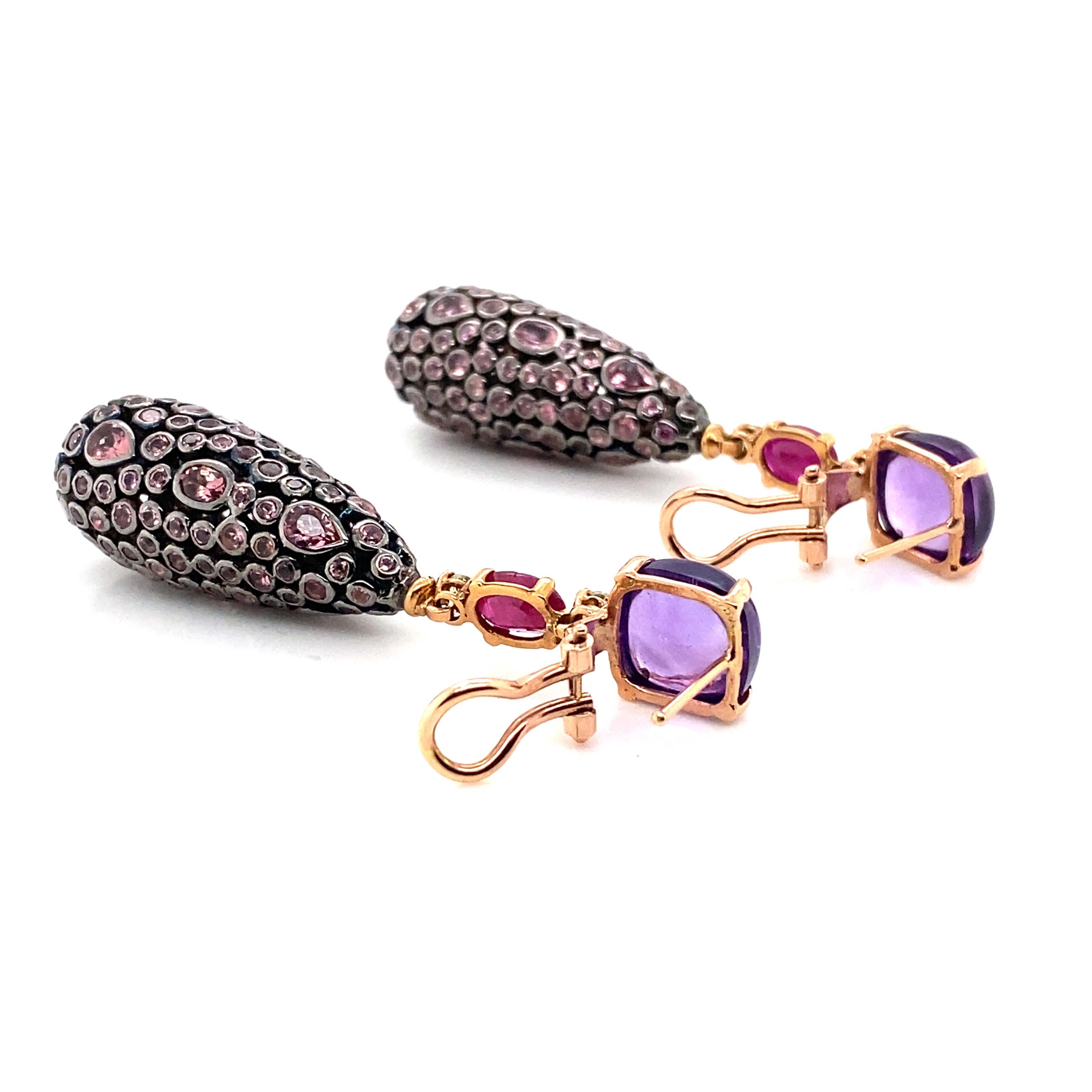 18K Yellow Gold Sapphire Ruby and Tourmaline Sleeper Earrings In New Condition In Vannes, FR