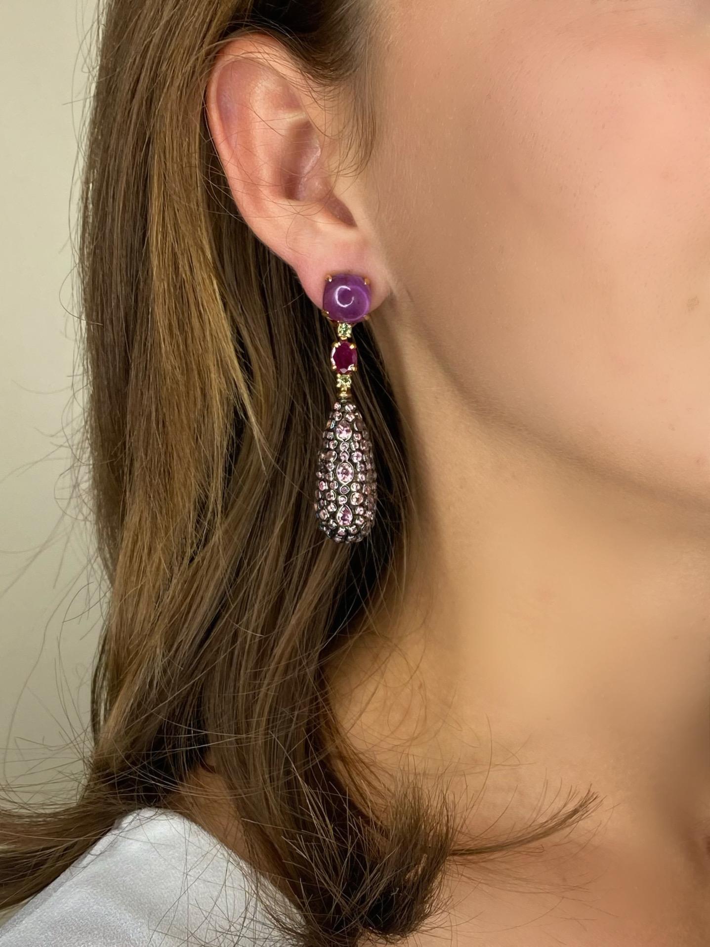 18K Yellow Gold Sapphire Ruby and Tourmaline Sleeper Earrings 1