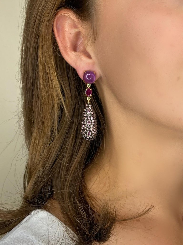 18K Yellow Gold Sapphire Ruby and Tourmaline Sleeper Earrings For Sale 1